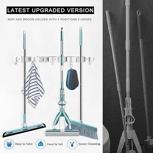 Miniatura 5 de NUHATOP Paquete de 2 soportes de pared para escobas 4 clips y 5 ganchos acero inoxidable organizador de trapeador y escoba antideslizante