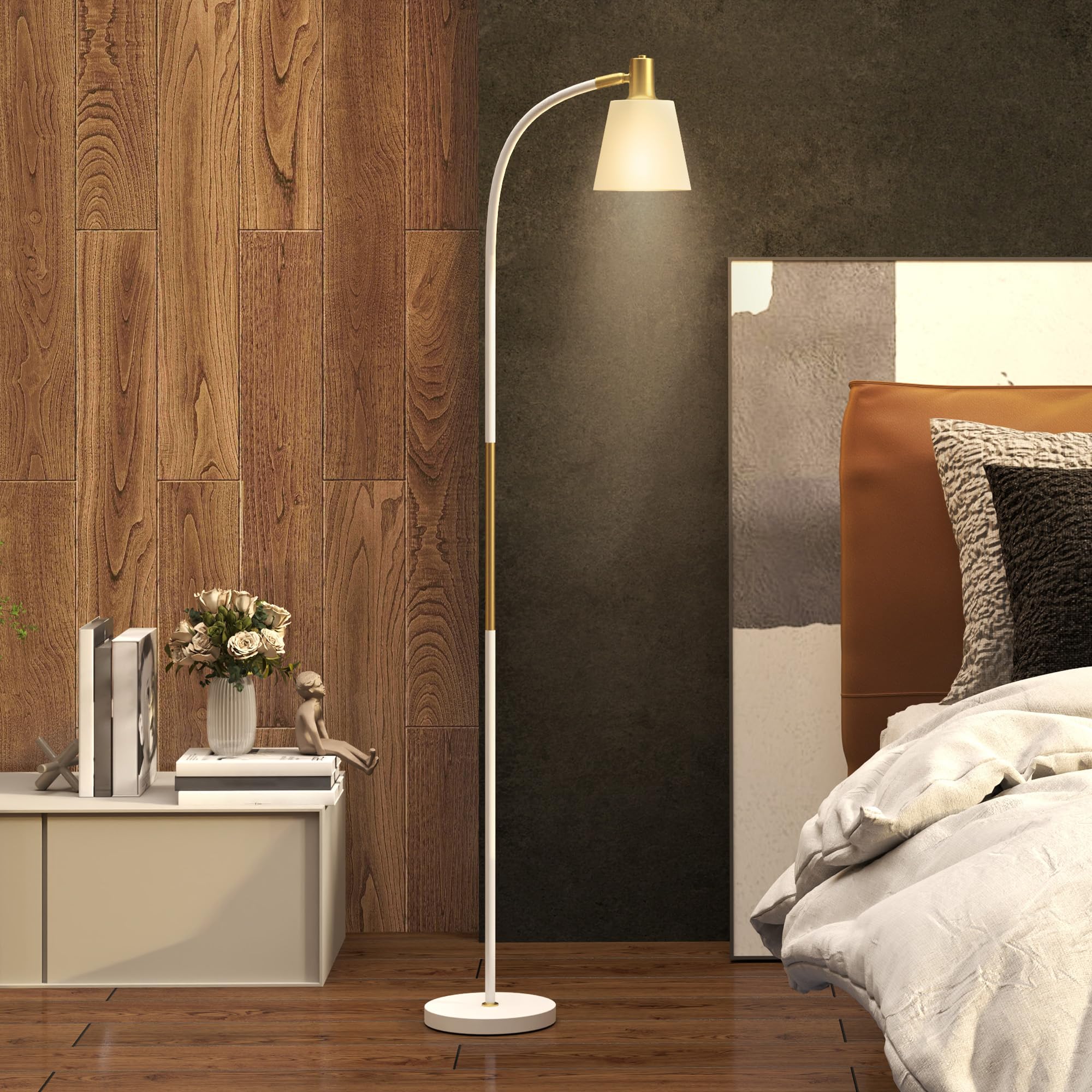HOMCOM Lámpara de Pie LED con Altura Ajustable Pantalla Blanco y Dorado | Lámpara de Pie Salón, Interruptor Basculante, para Sala de Estar Oficina Dormitorio
