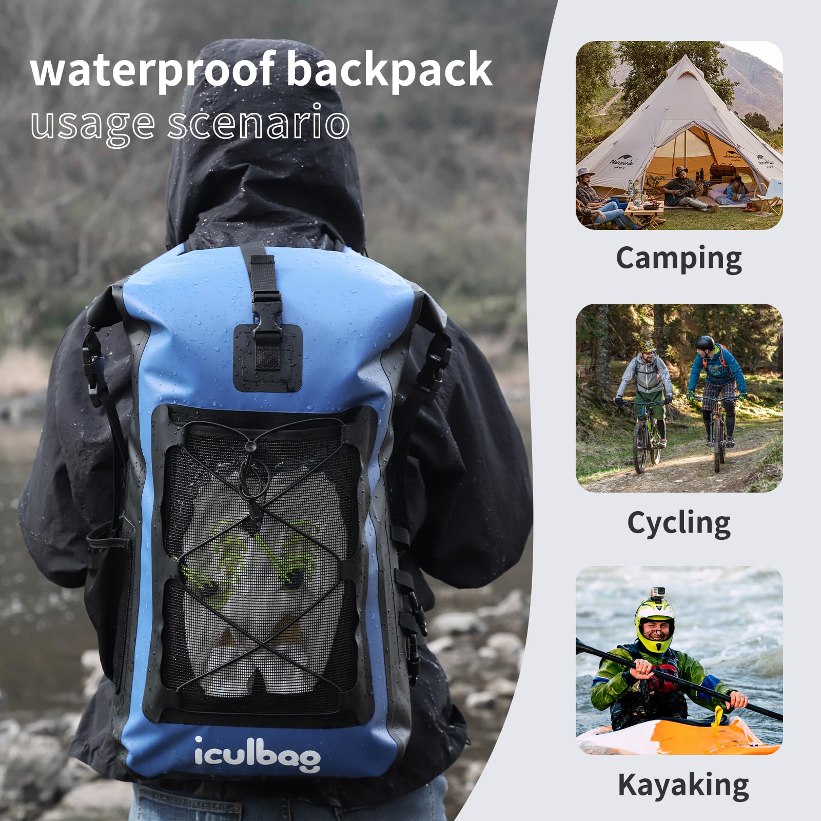 Iculabg - Zaino impermeabile per donne e uomini, da viaggio, escursionismo, impermeabile, per kayak, spiaggia, campeggio, zaino impermeabile, grande, blu, 30L/40L