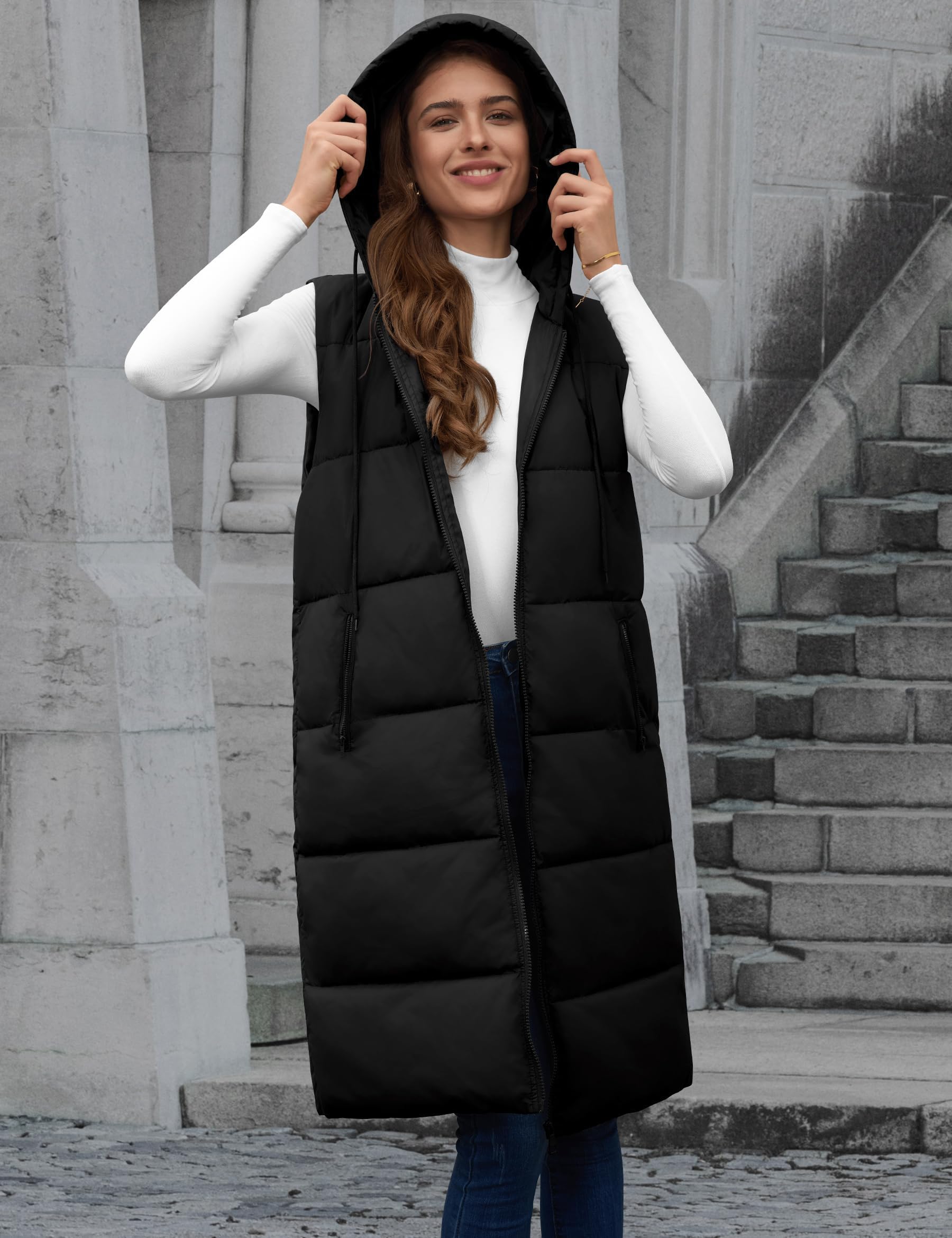 Fengbay Chaleco Largo Acolchado para Mujer, Chaleco Sin Mangas con Capucha Ajustable, Relleno de Plumón Ligero, Abrigo Invierno con Bolsillos, Cálido y Elegante para Calle, Viaje y Exterior