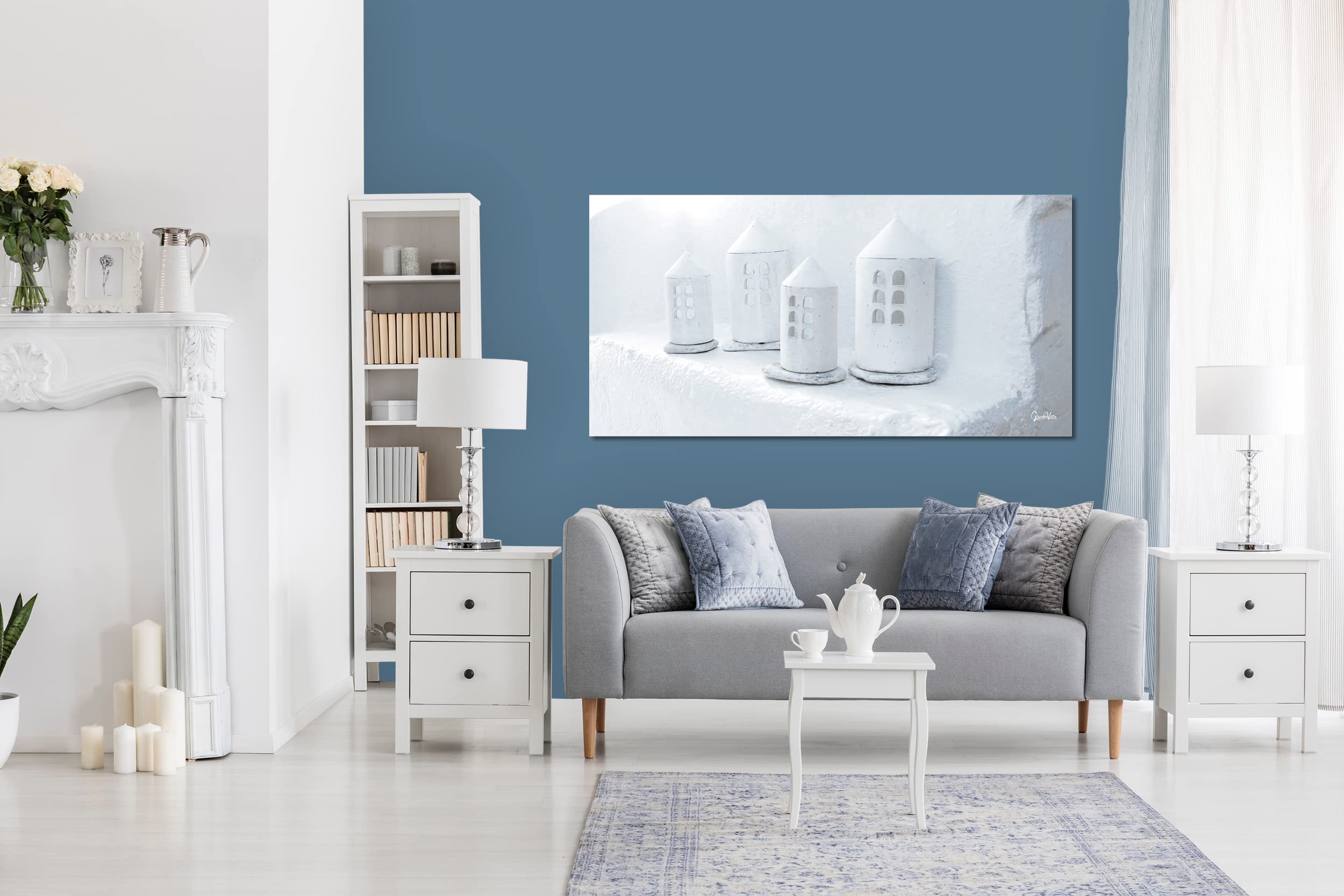 Glücksvilla - Weiß 2 (Acrylglas-Bild 5 mm, 120 x 60 cm) | div. Maße - aus DE - Kunstdruck Deko Wandbild quer - Griechenland Kykladen Mykonos Laternen Deko