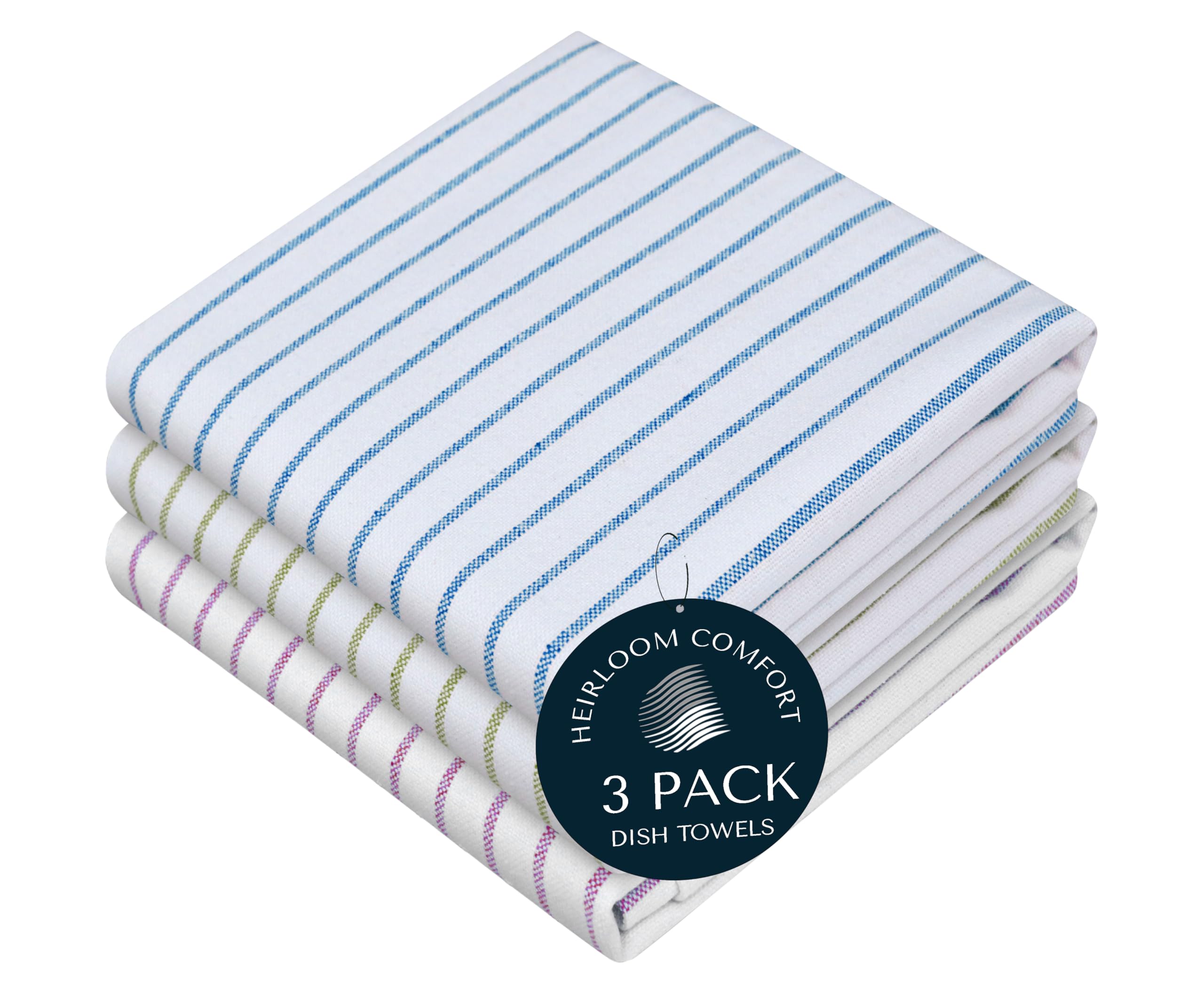 HEIRLOOM COMFORT Multi Colors Kitchen Towels 3 Pack, 100% Cotton, Classic Striped Towel Set