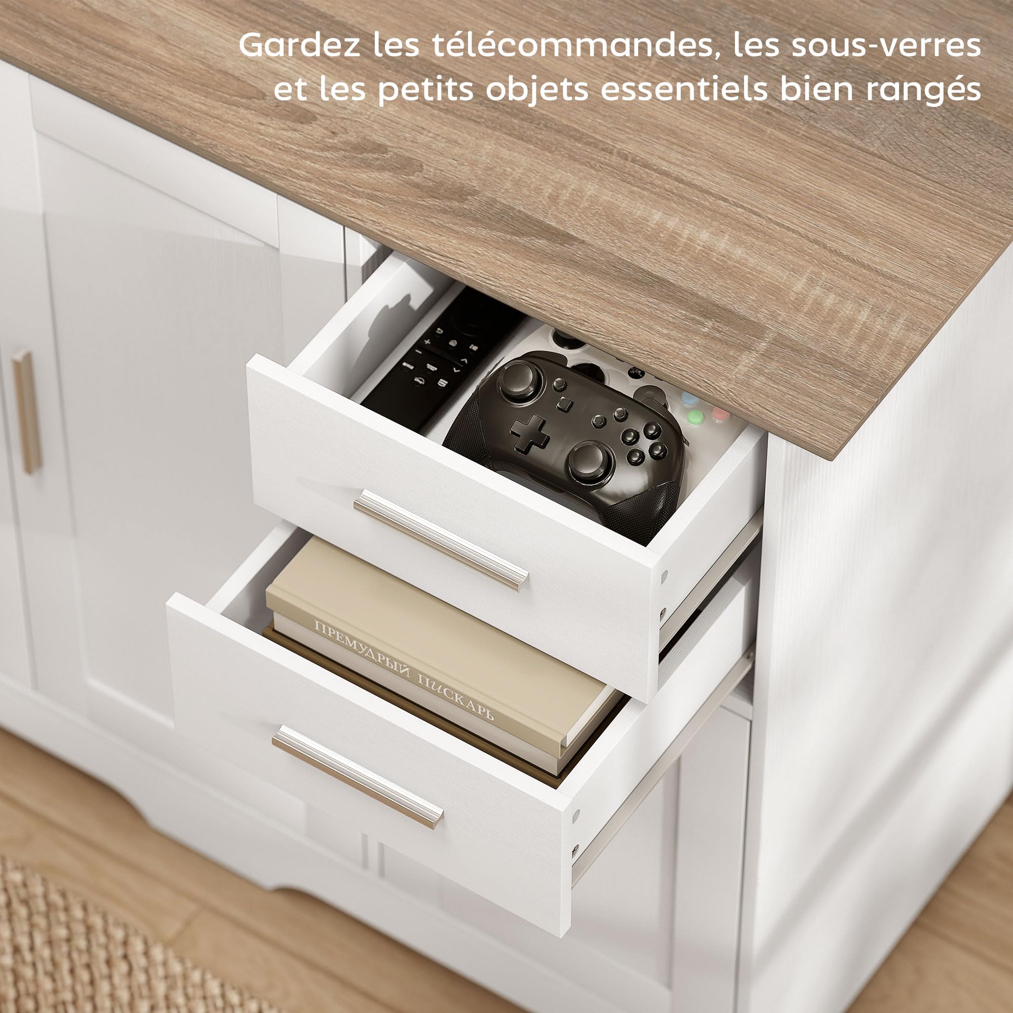 HOMCOM Buffet Salon 2 tiroirs 3 Portes 100 x 40 x 78 cm Blanc Bois Naturel | Meuble de Rangement, Étagère Réglable, Style Contemporain, Buffet Salle à Manger et Cuisine