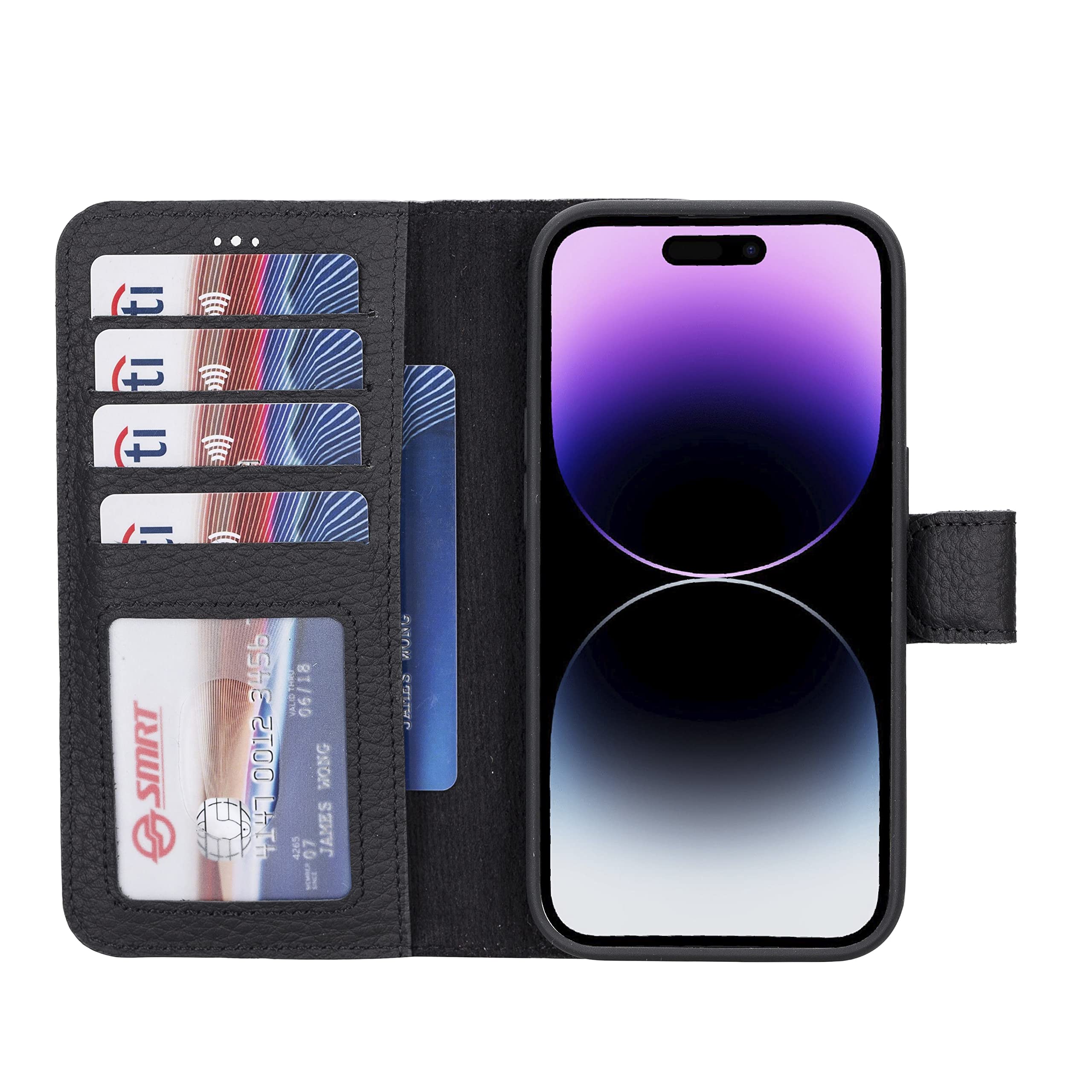 HARDISTON Genuine Leather Handmade Wallet Case Compatible with iPhone 14 Pro - MagSafe Compatible - Pro Detachable Magnetic Flip Cover with Card