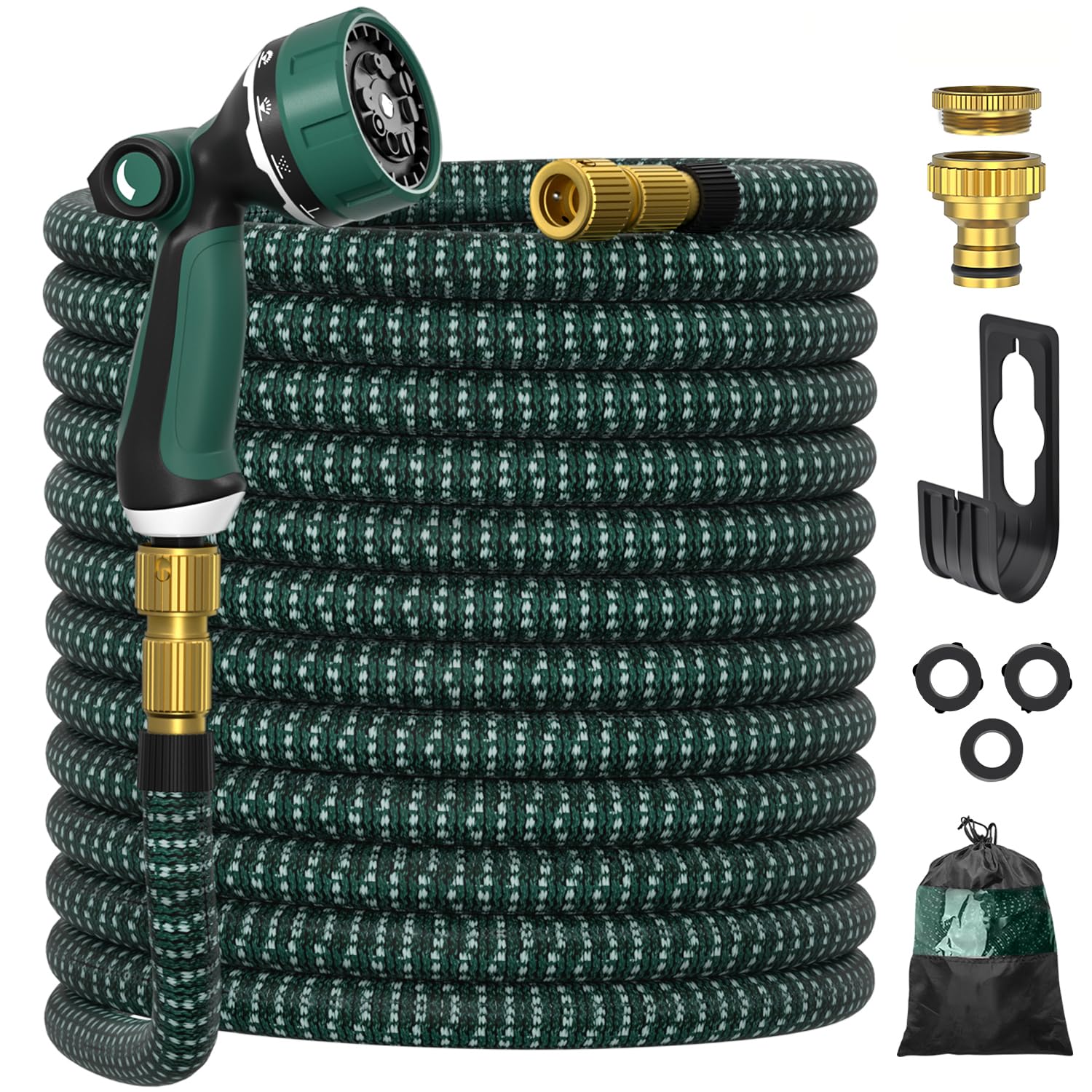 U Ultty Green Expandable Garden Hose 100Ft, Ultty Hosepipe With 10 Function Nozzle, 1/2" & 3/4" Solid Metal Fittings Durable 3750D Weave No-Kink Lightweight Outdoor Yard Flexible Water Hose,