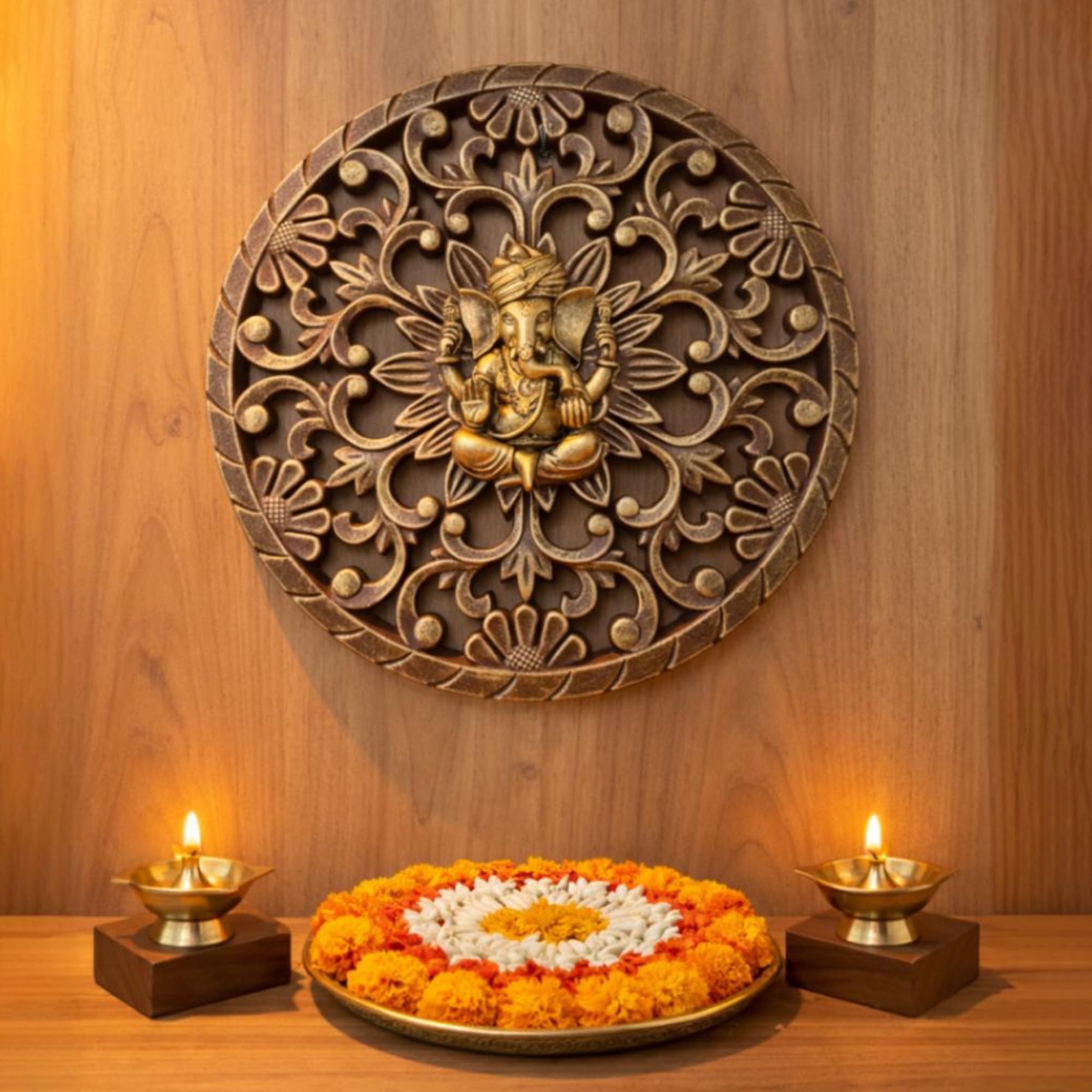 Art Street Ganesha Wall Plaque with 3D Embossed Floral Design, MDF Round Plaque, Gold Antique Finish, Lord Ganesha Idol for Pooja Room, Living Room, or Office, Traditional Hindu Wall, 30x30 cm-image-7
