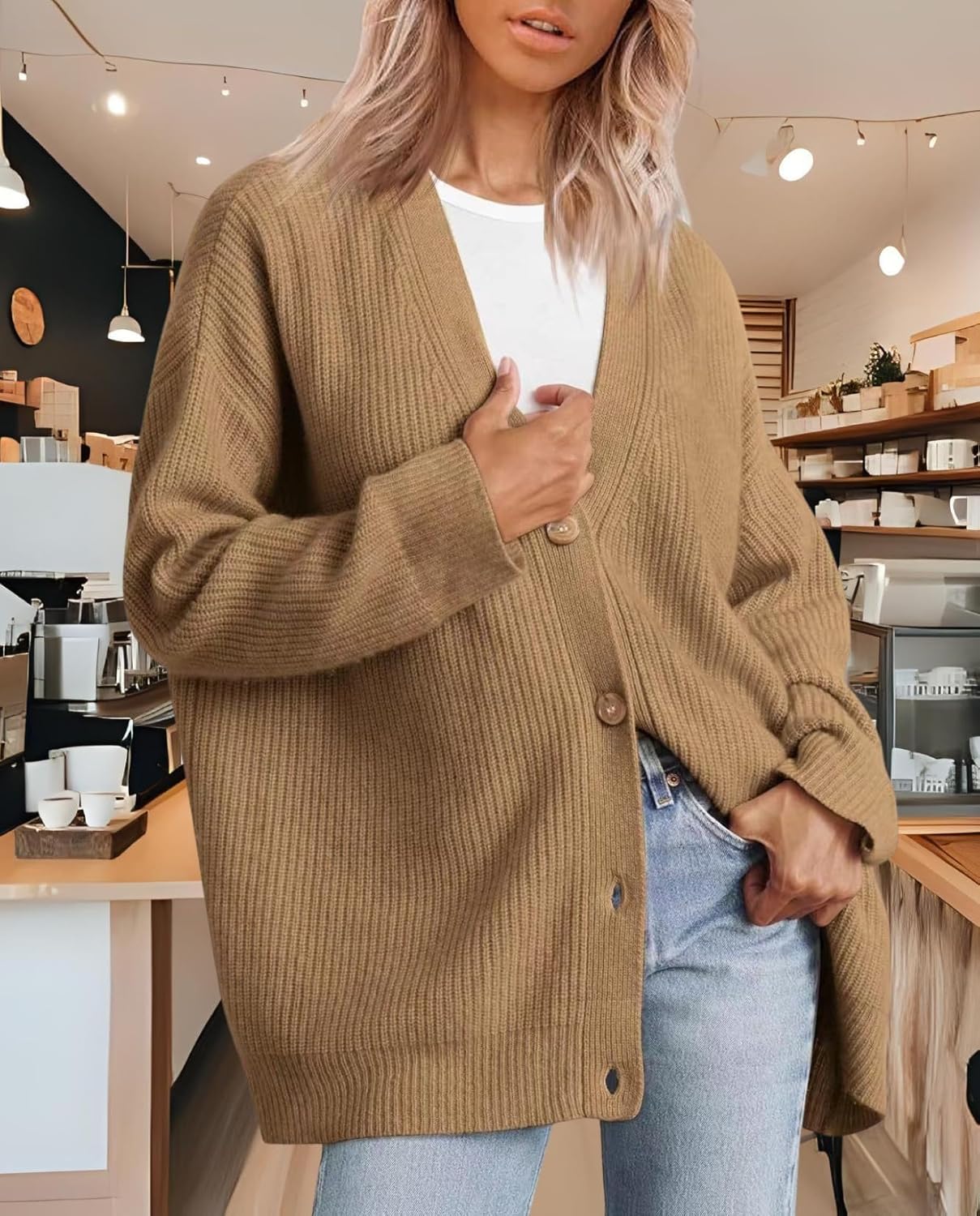 Women's Cardigan Casual Sweater Oversized Long Sleeve V-Neck Button Cardigan Top for Vacation and Daily Life - Image 5