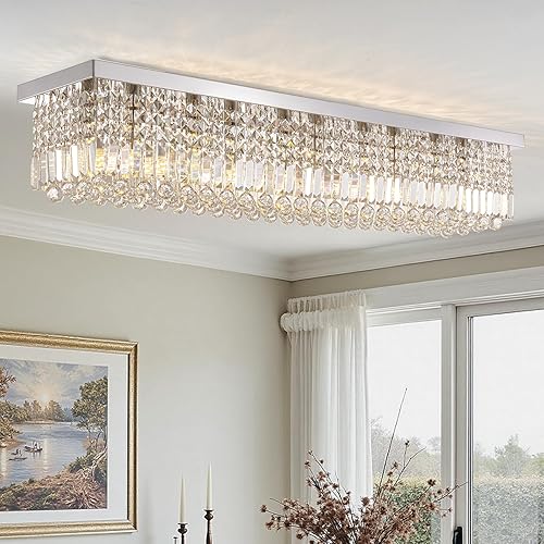 Miniatura 17 de Candelabros modernos de cristal para comedor, cocina, isla, lámpara rectangular de 8 luces para sala de estar, 39.4 pulgadas de largo, acabado Cromo