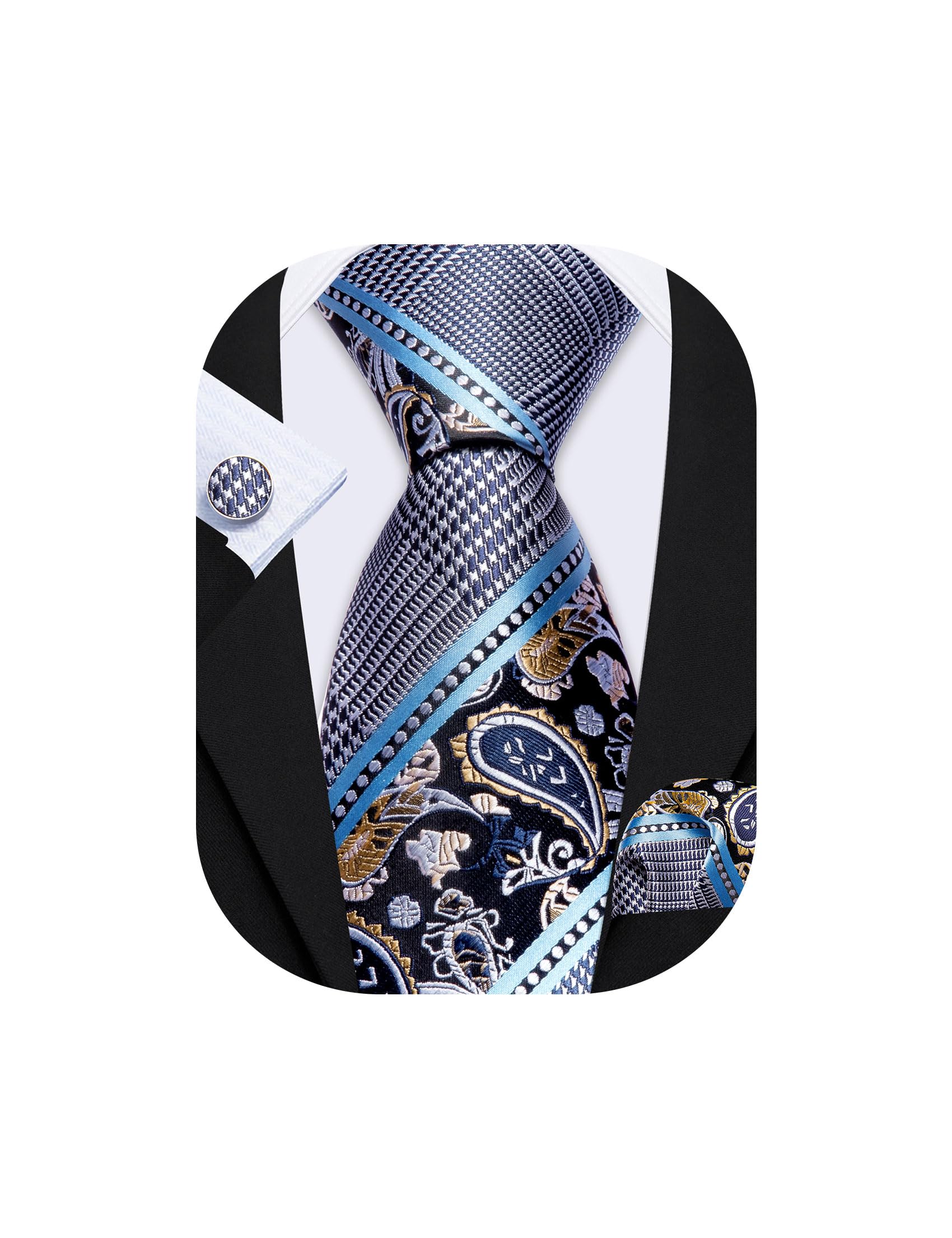 Barry.Wang Mens Tie Set Plaid Check Stripe Neckties Pocket Square Cufflinks | Woven Classic,Formal/Casual Men's Necktie,Luxury,Business,Wedding,Party,Prom,Graduation