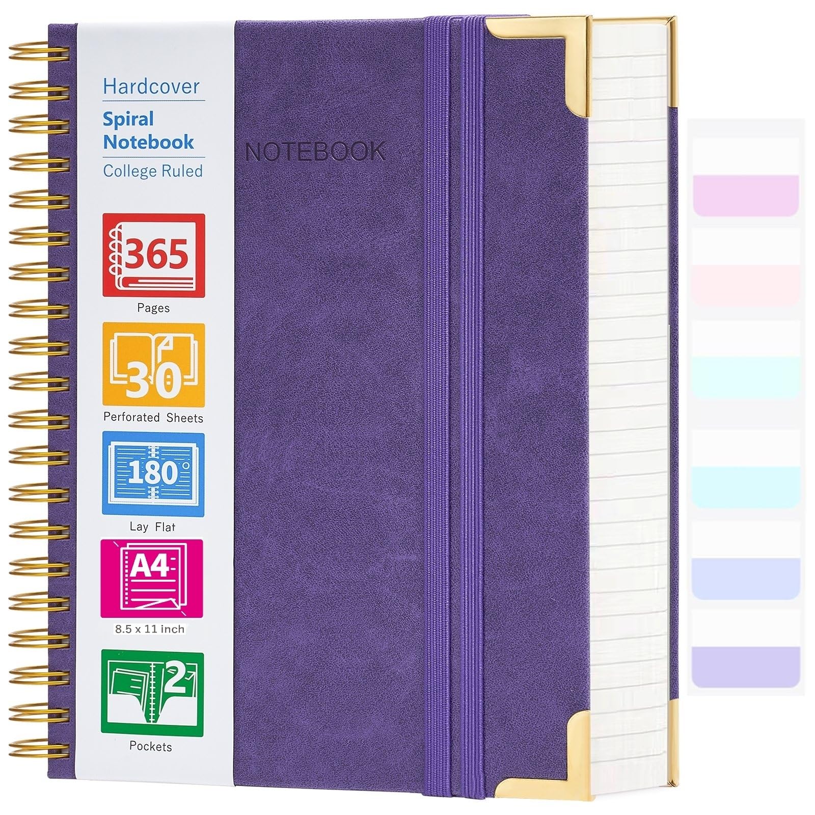Spiral Notebook, 365 Page Hardcover College Ruled Notebook, 8.5" x 11", Large Leather Notebook Journal for Men Women, A4 Notebooks for Work School Notes, Journals for Writing, 24pcs Index Tabs, Purple