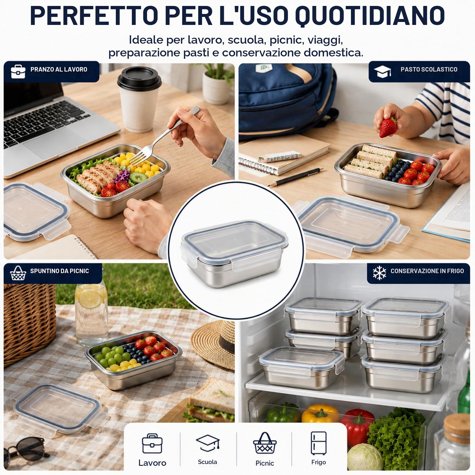 5 Pcs Contenitori Alimenti Acciaio Inossidabile per Alimenti 650ml