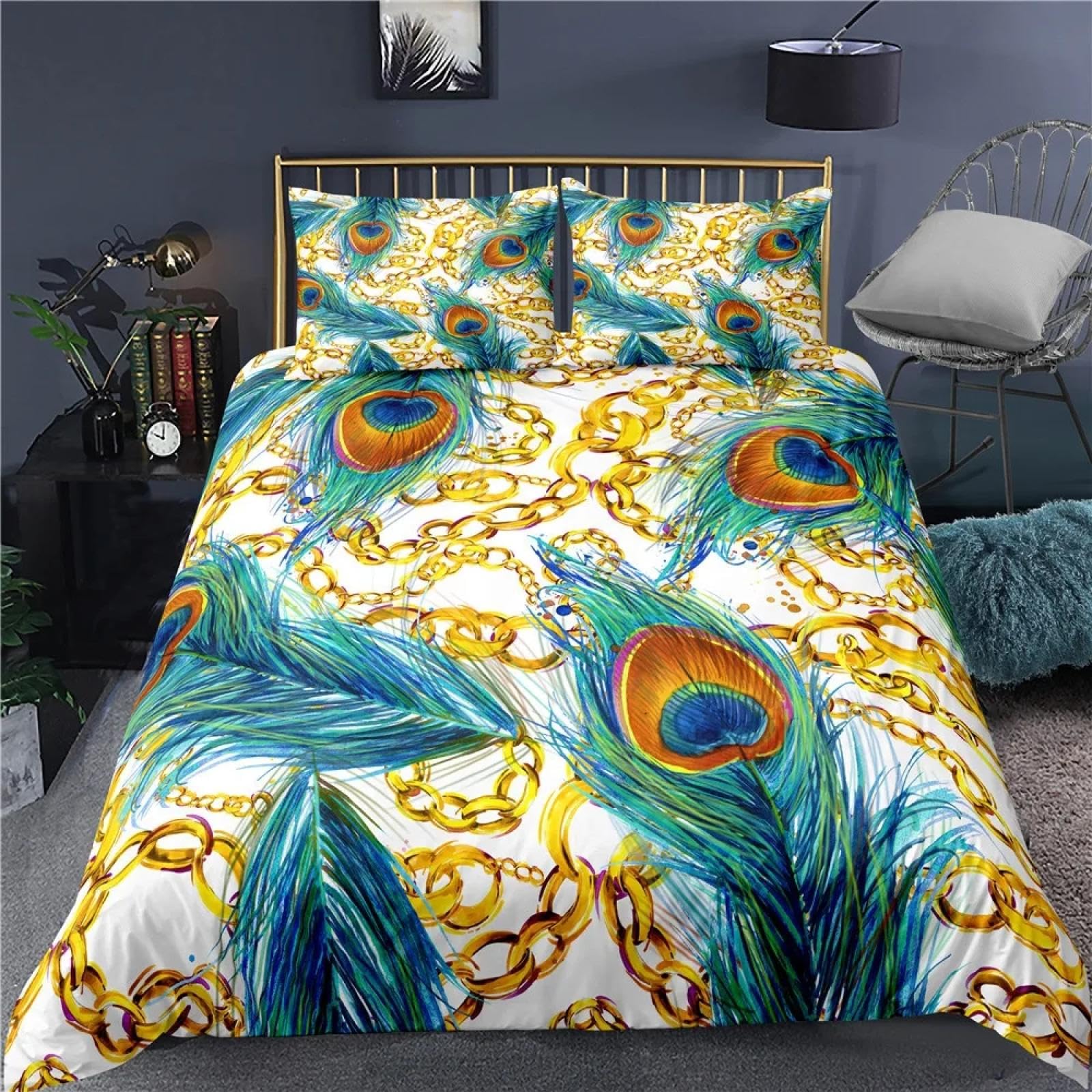Housse de couette paon au motif floral doré prestigieux ensemble de literie chic pour adulte