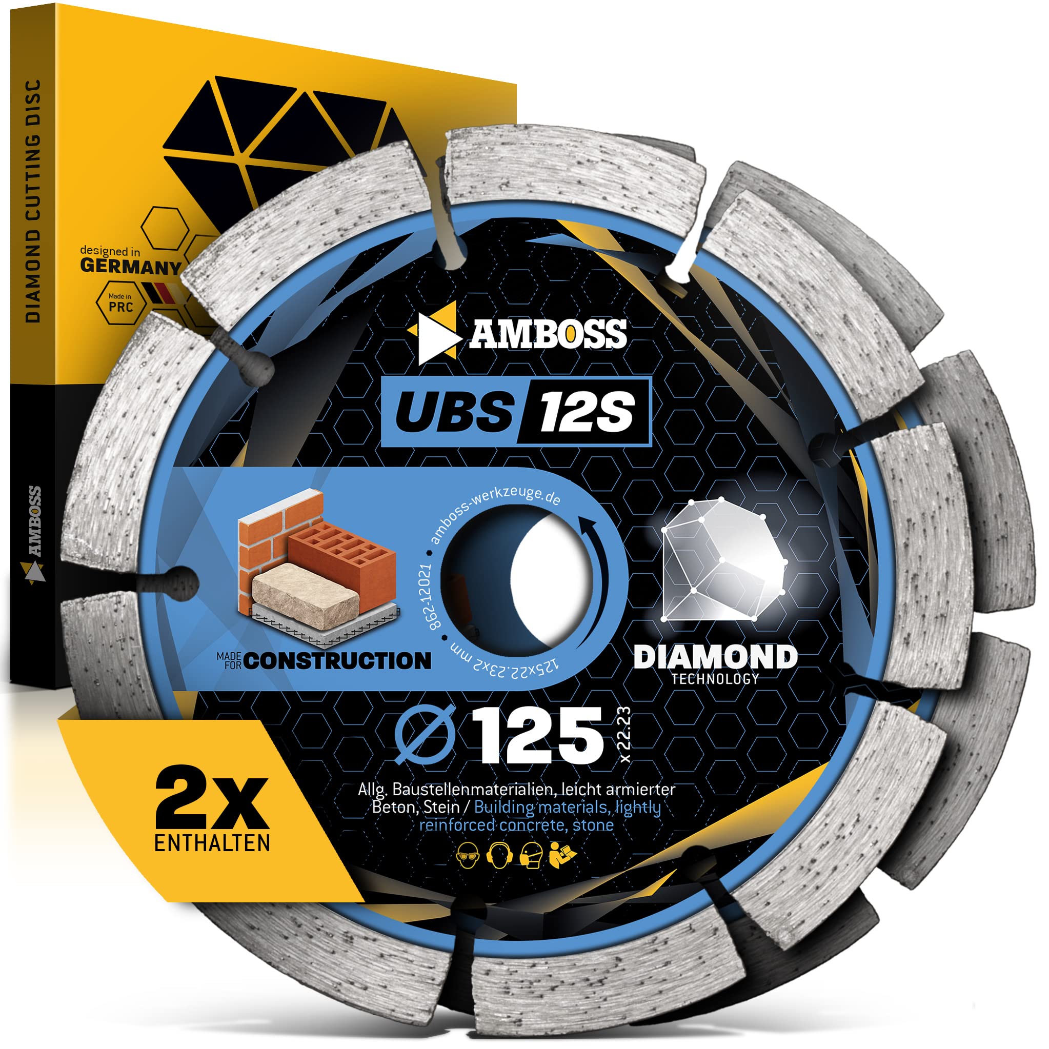 Diamantscheibe 125mm x 22.23 (2 Stück) - Trennscheibe für Beton & Stein | Amboss Diamanttrennscheibe UBS 12S Ø 125mm - Diamantscheibe/Diamanttrennscheibe für Winkelschleifer, Mauernutfräse