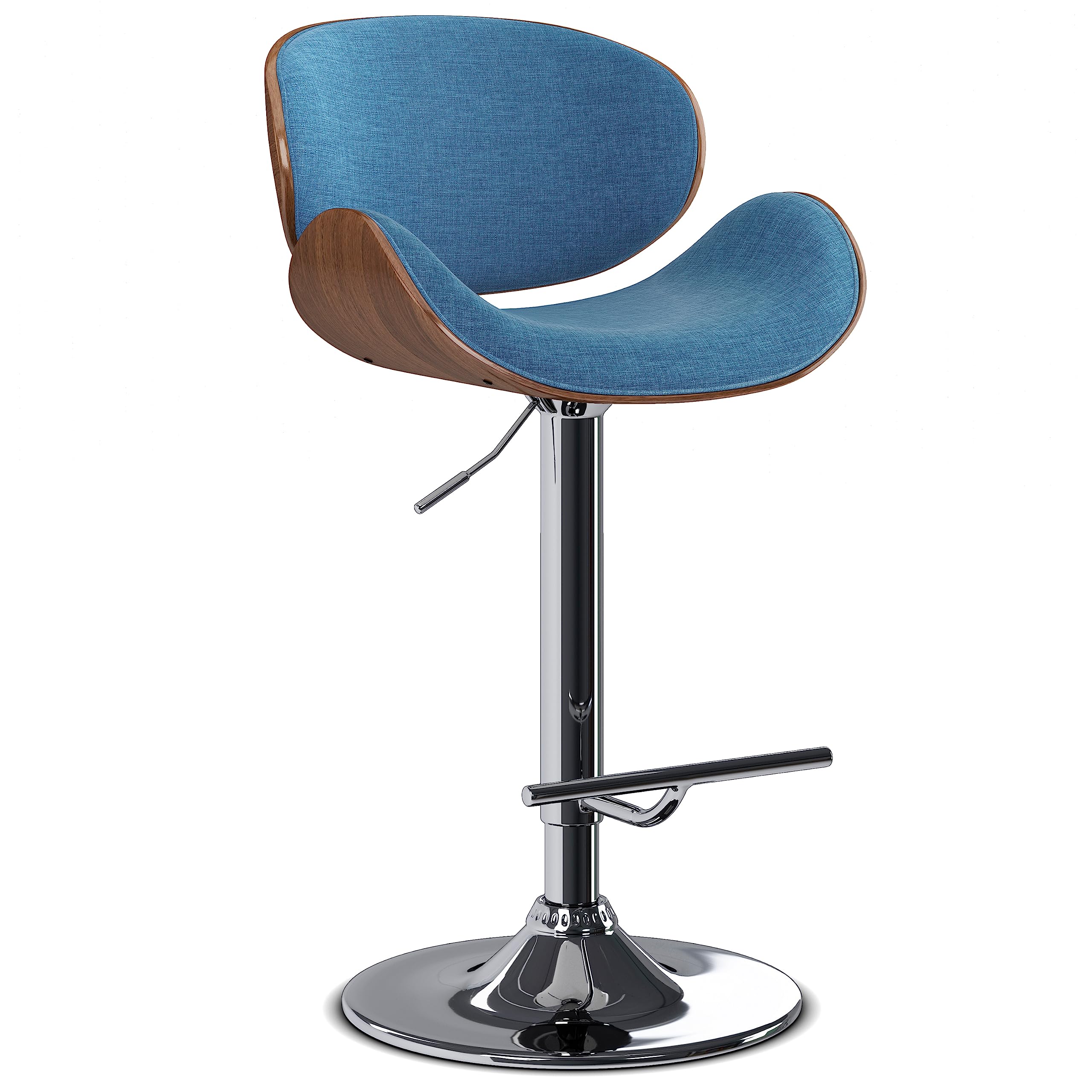 SIMPLIHOME Marana 33 Inch Wide Mid Century Modern Bentwood Adjustable Height Gas Lift Bar Stool in Blue Linen Look Fabric, for The Dining Room and Kitchen