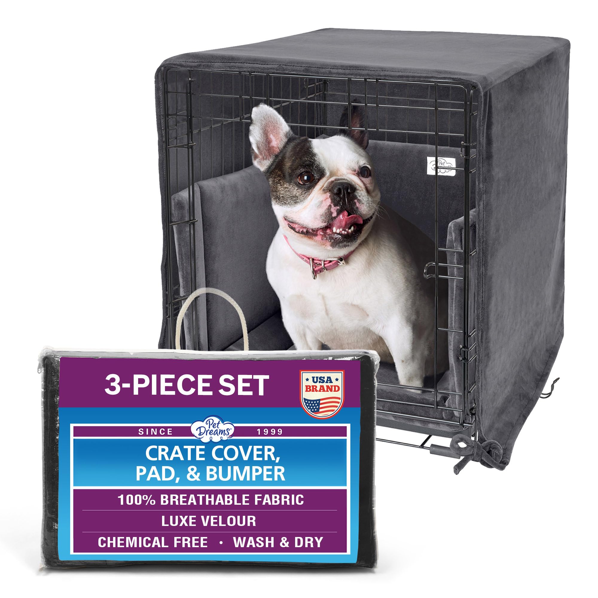 Pet Dreams 3-Piece Set Includes Dog Crate Cover, Dog Mat & Bumper Pad- Washable Kennel Bedding fits iCrate Cages 24, 30, 36, 42 Inch (Grey, Large, 36")