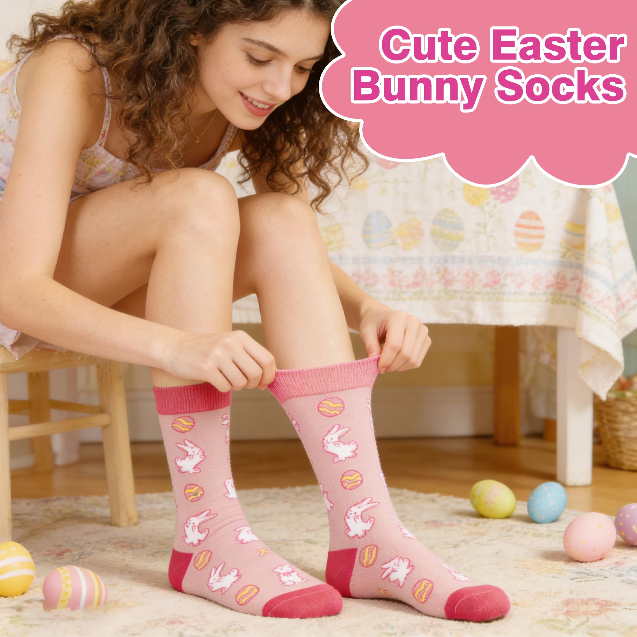 Easter Socks for Women, Funny Bunny Egg Crew Socks Teens Girls Easter Basket Stuffers Novelty Gift for Rabbit Lovers