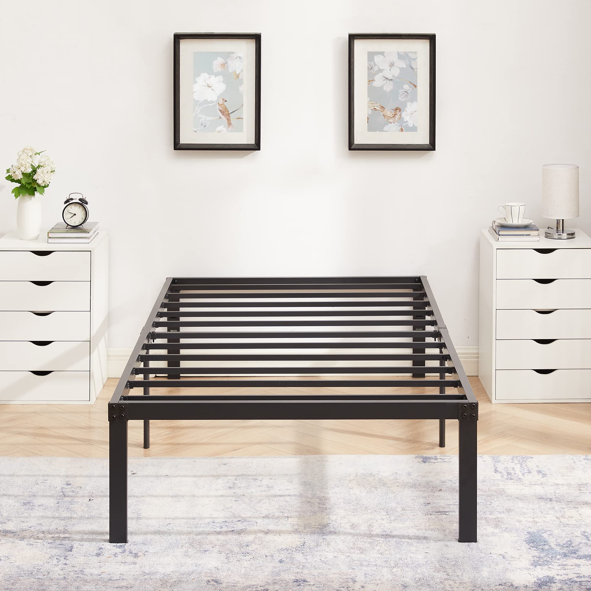 VECELO 16 Inch Twin Size Tall Bed Frame Metal Platform for Kids Heavy Duty Steel Slat Easy Assembly