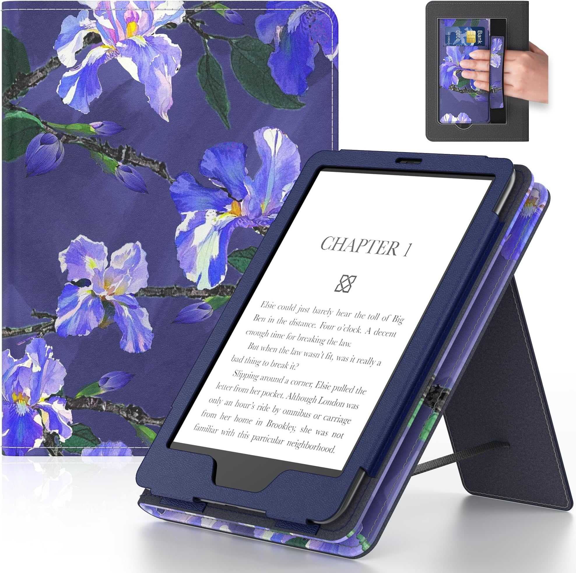 Lainergie 6in Tablet Case with Stand and Hand Strap,Incompatible with Old Version, Durable Synthetic Leather Cover with Auto Sleep Wake, Flower