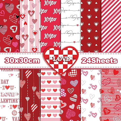 24 hojas de papel con patrón de San Valentín de 11.8 x 11.8 in, papel de corazón de amor, papel de manualidades rojo y rosa para manualidades,