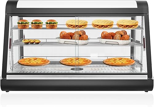 Miniatura 1 de Estuche de exhibición comercial de 48 pulgadas, calentador de pasteles de pizza de 3 niveles con calefacción 3D con iluminación LED, estantes