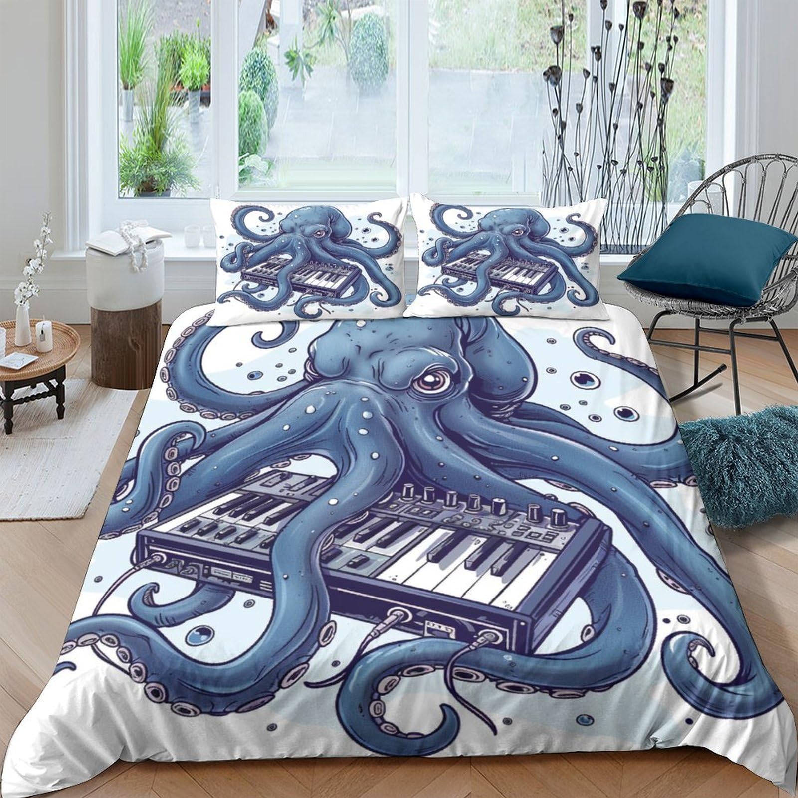 Parure de lit pieuvre 3D double avec housse de couette en microfibre et taies d'oreiller 200x200cm