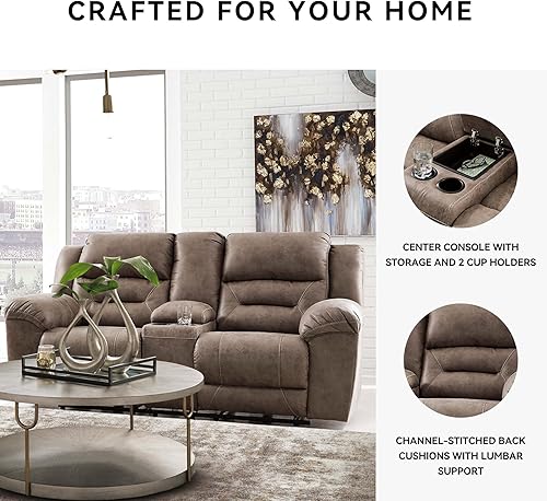 Miniatura 5 de Signature Design by Ashley Stoneland - Sofá biplaza reclinable manual de piel sintética con consola central, color marrón claro