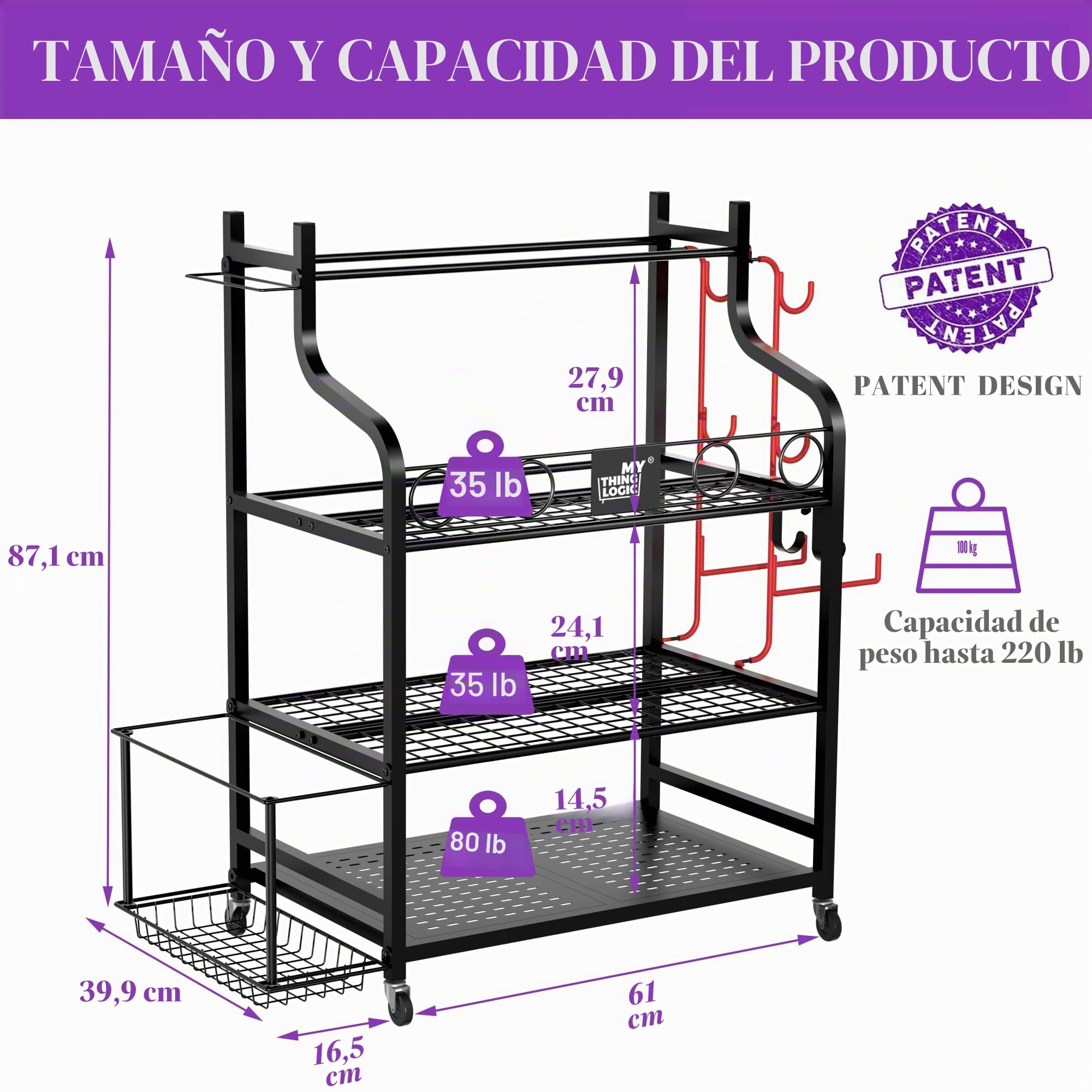 Mythinglogic Estante de Almacenamiento de Yoga Esterilla, Soporte Mancuernas También es Para Guardar Pesas Rusas, Rodillos de Espuma, Soporte Para Mancuernas con Ganchos y Ruedas