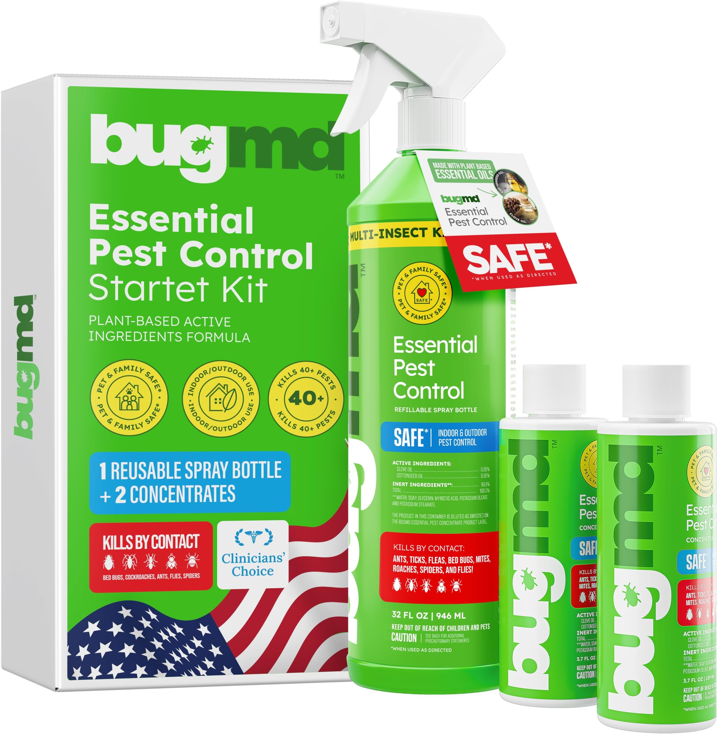 BugMD Bed Bug Spray, Roach & Ant Killer, Indoor Cockroach Treatment, Pet Safe Plant-Based Pest Control for Home, Kills Spiders Fleas Mites, 64 oz Kit