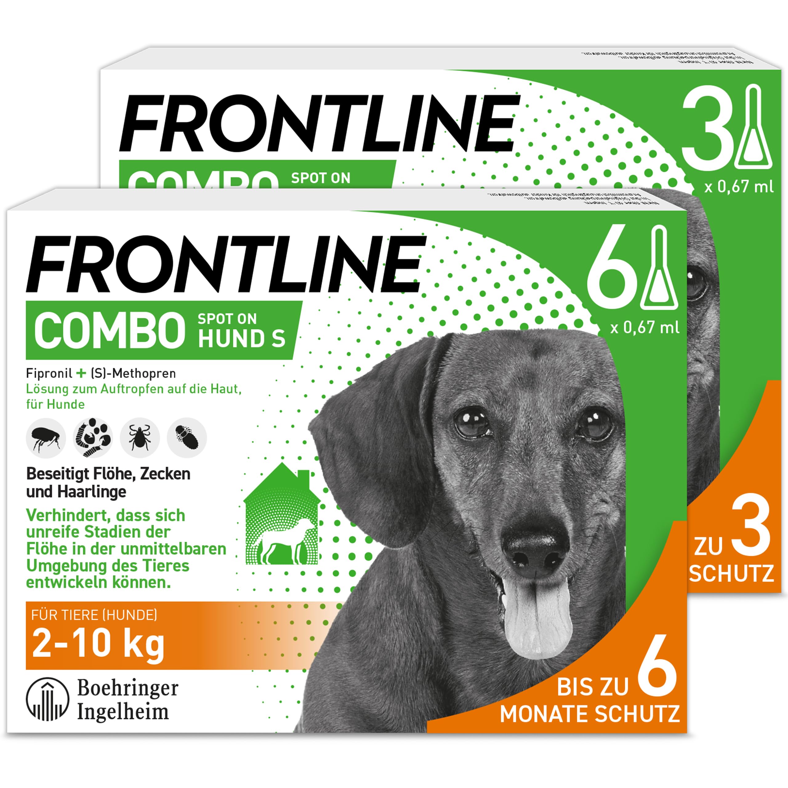 FRONTLINE Combo Hund S gegen Zecken, Flöhe & Haarlinge (2 bis 10 kg) | 6+3 Pipetten (2er Pack) für bis zu 9 Monate Schutz - gegen Floheier, Larven & Puppen im Haushalt - wasserfest