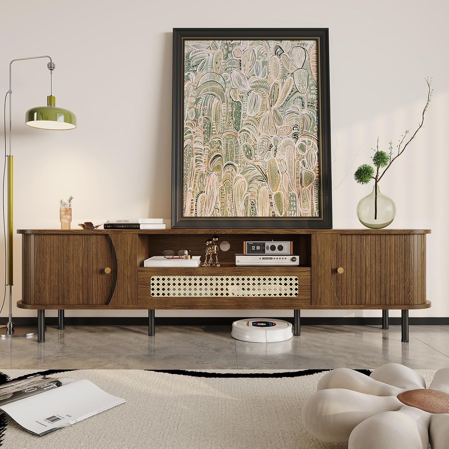 basenji 71" Fluted TV Stand with Sliding Doors & Rattan,Mid Century Modern Entertainment Center with Storage,Curved Edge Design,Media Console for TVs up to 85",TV Consoles for Living Room,Walnut