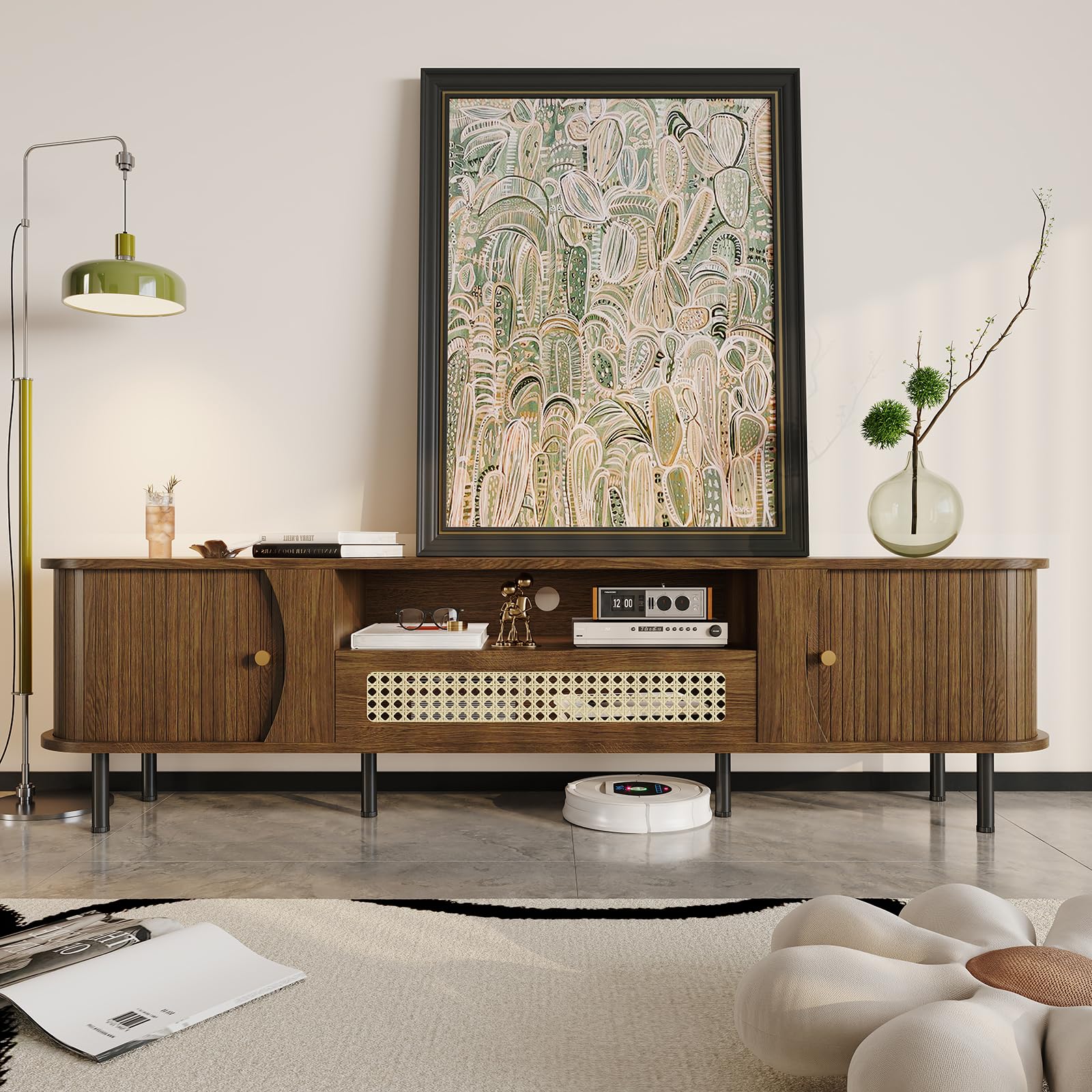 basenji 71" Fluted TV Stand with Sliding Doors & Rattan,Mid Century Modern Entertainment Center with Storage,Curved Edge Design,Media Console for TVs up to 85",TV Consoles for Living Room,Walnut