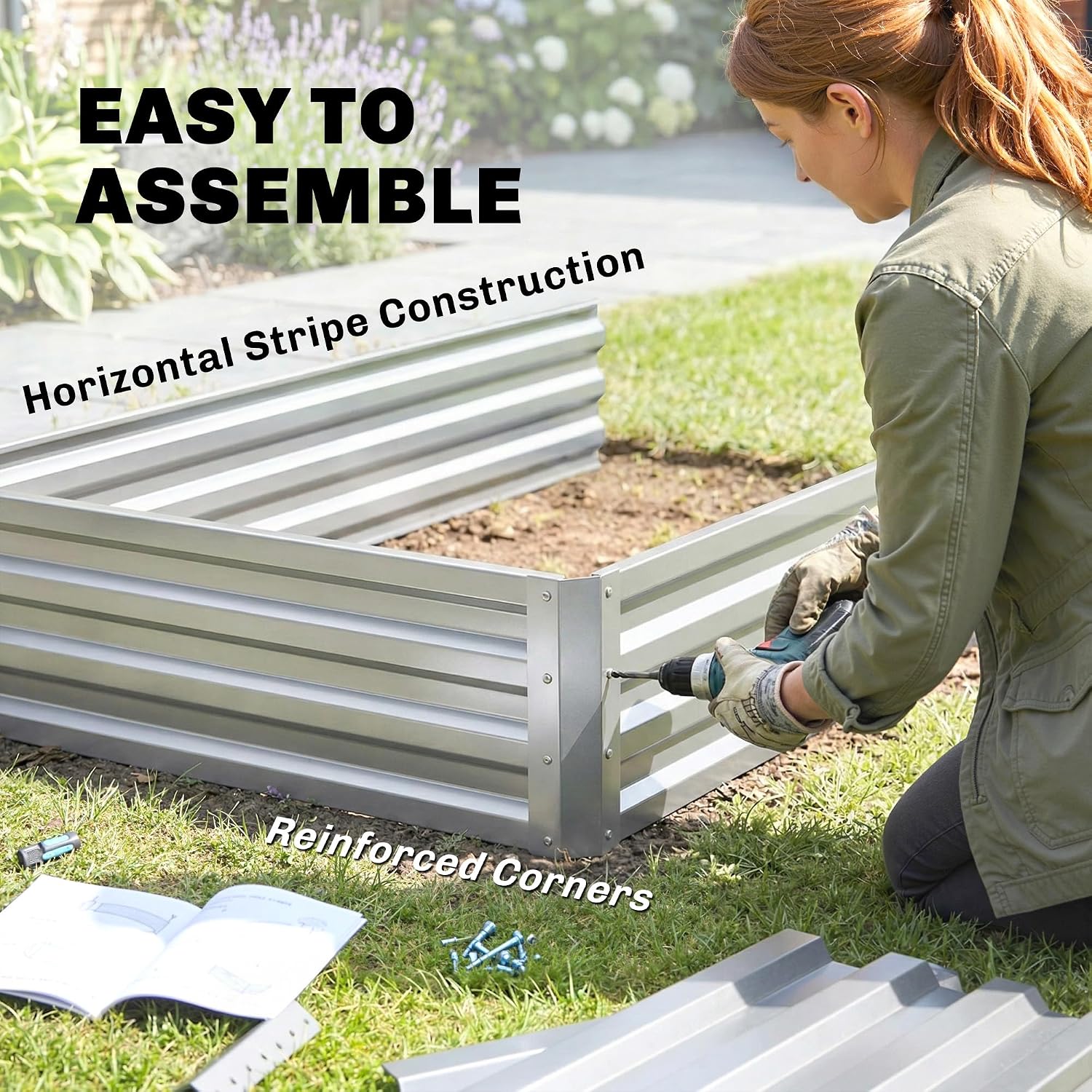 Person assembling the Outsunny Raised Garden Bed using a drill, showing reinforced corners and horizontal stripe construction