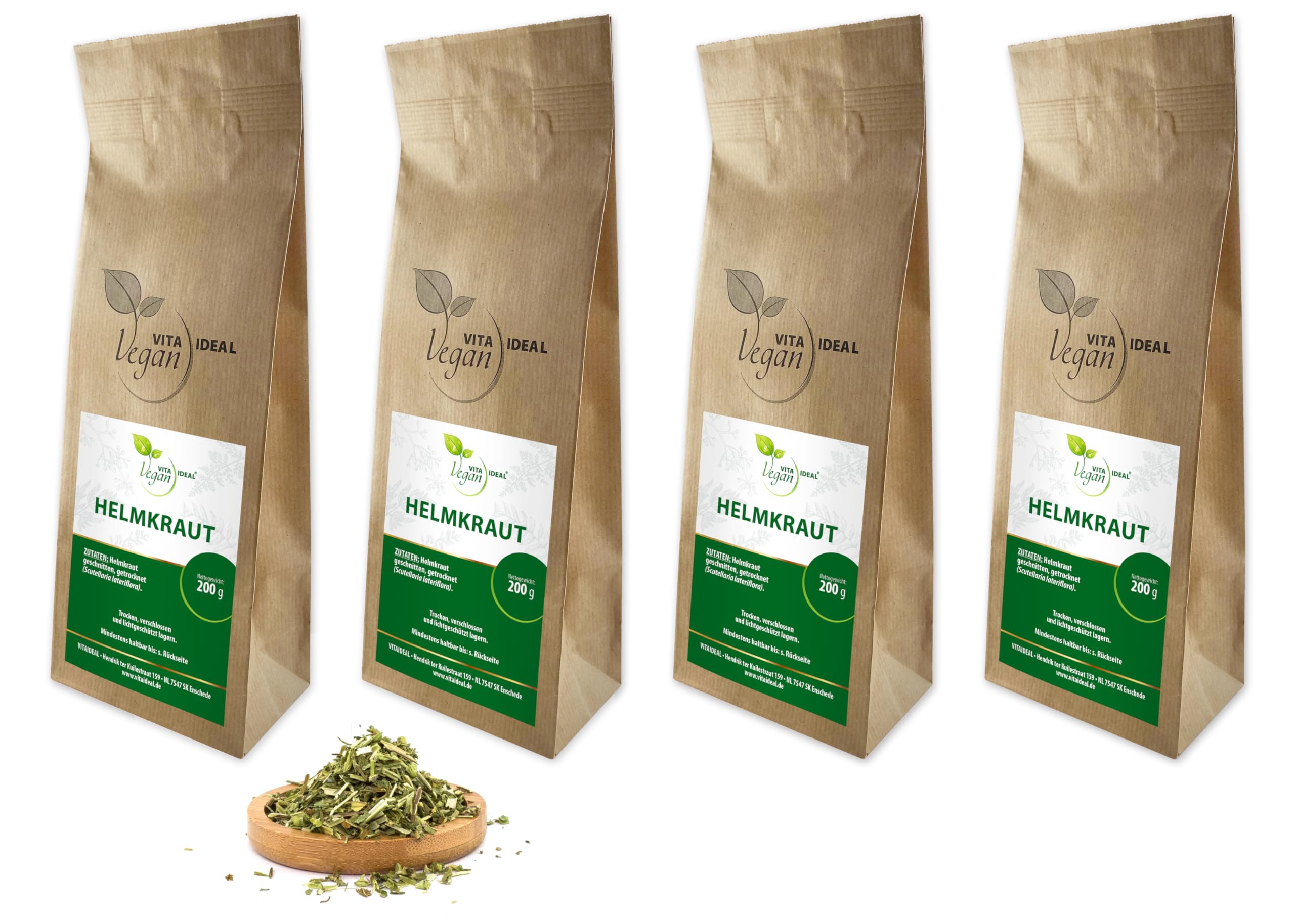 VITA IDEAL Vegan® HELMKRAUT 4x 200g geschnitten & getrocknet - Scutellariae Hb. conc.- HELM - KRAUT - Kräuter Tee & Aufguss - Natürlich, pflanzlich & ohne Zusatzstoffe.