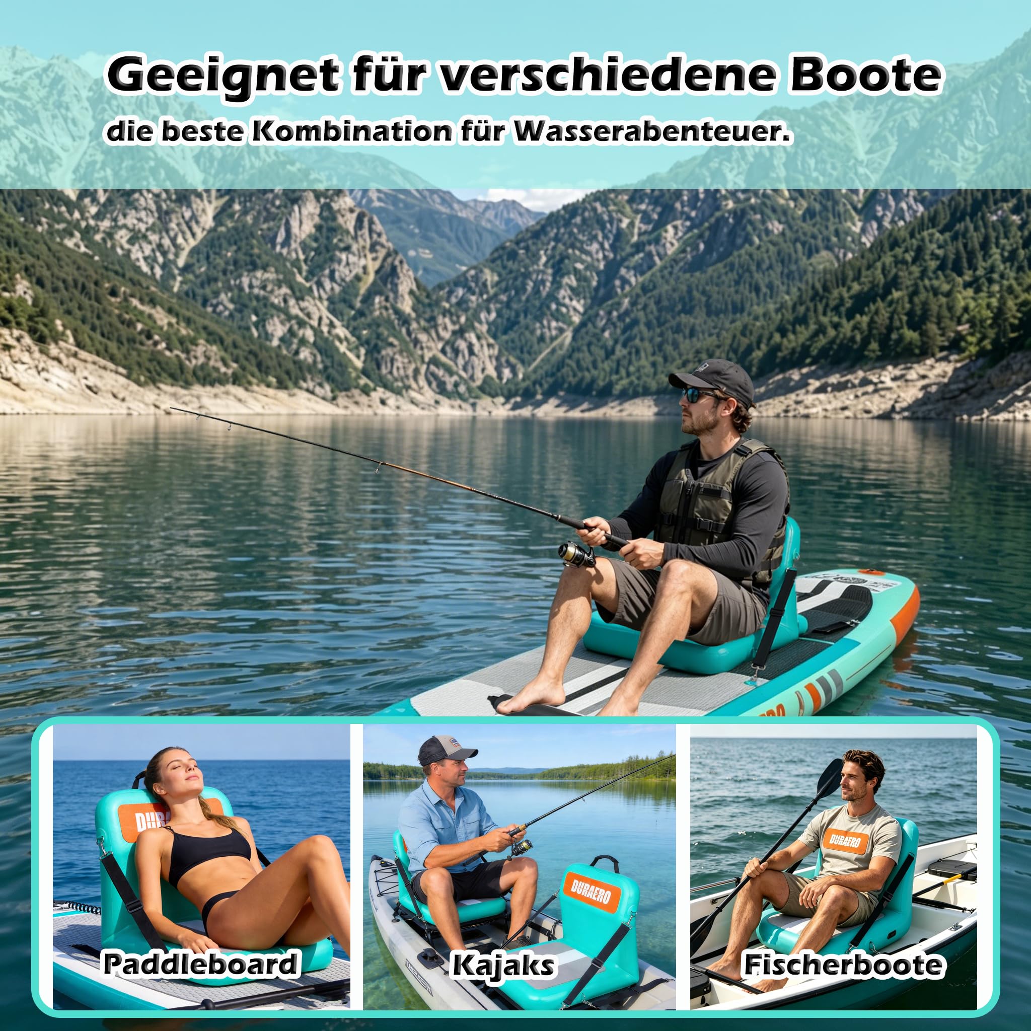 Aufblasbarer Kajaksitz mit Rückenstütze & Mesh-Aufbewahrungstasche – verstellbares Paddelboard-Sitzkissen für Erwachsene, tragbarer Blow-Up-Sitz für SUP, Raft, Kanu, Anglerboot (Grün)