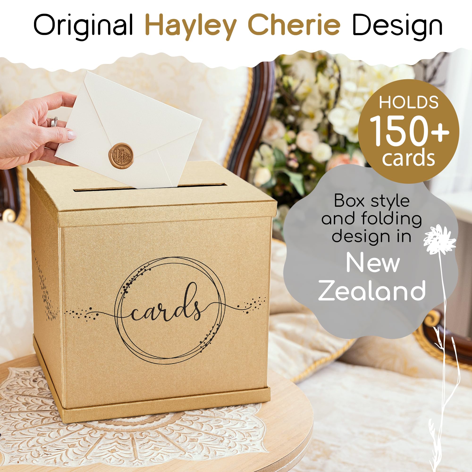 Hayley Cherie Złote pudełko na karty podarunkowe z czarną folią - teksturowane wykończenie - duży rozmiar 25 cm x 25 cm - na przyjęcia weselne, baby i wieczór panieński, ukończenie szkoły, urodziny,
