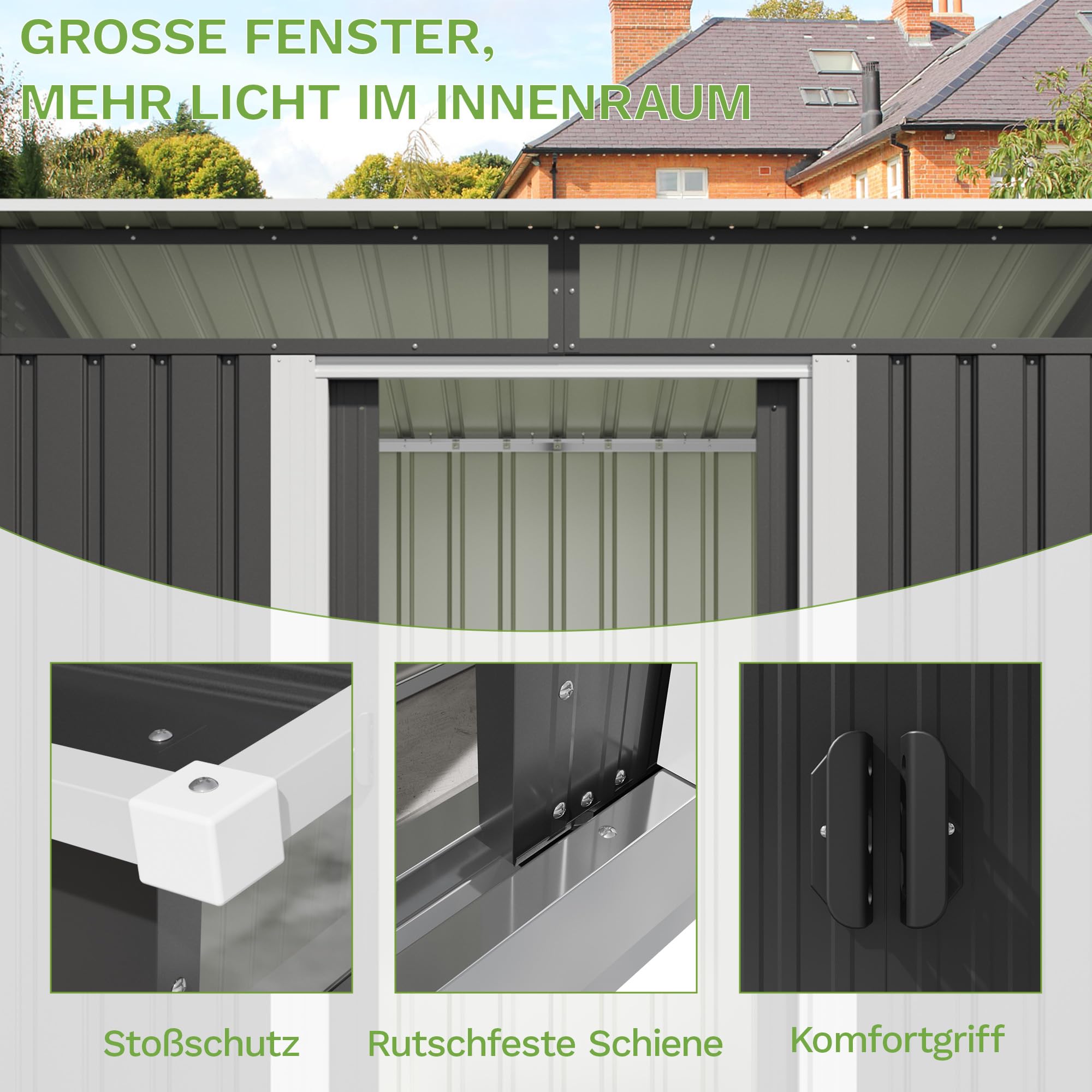 Triumphkey Metall Gerätehaus 3.6m³ mit Fundament, 183x109x182cm, Gartenhaus mit Oberlichte, Pultdach, Gartenschuppen für Terrasse, Rasen, Anthrazit