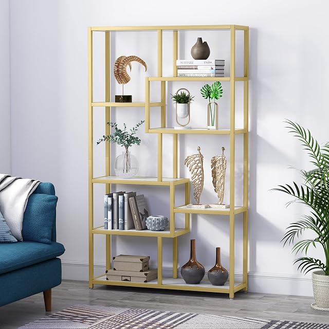Tribesigns Bookshelf Bookcase, Gold 8-Open Shelf Etagere Bookcase with Faux Marble, Modern Book Shelves Display Shelf Storage Organizer for Home Office