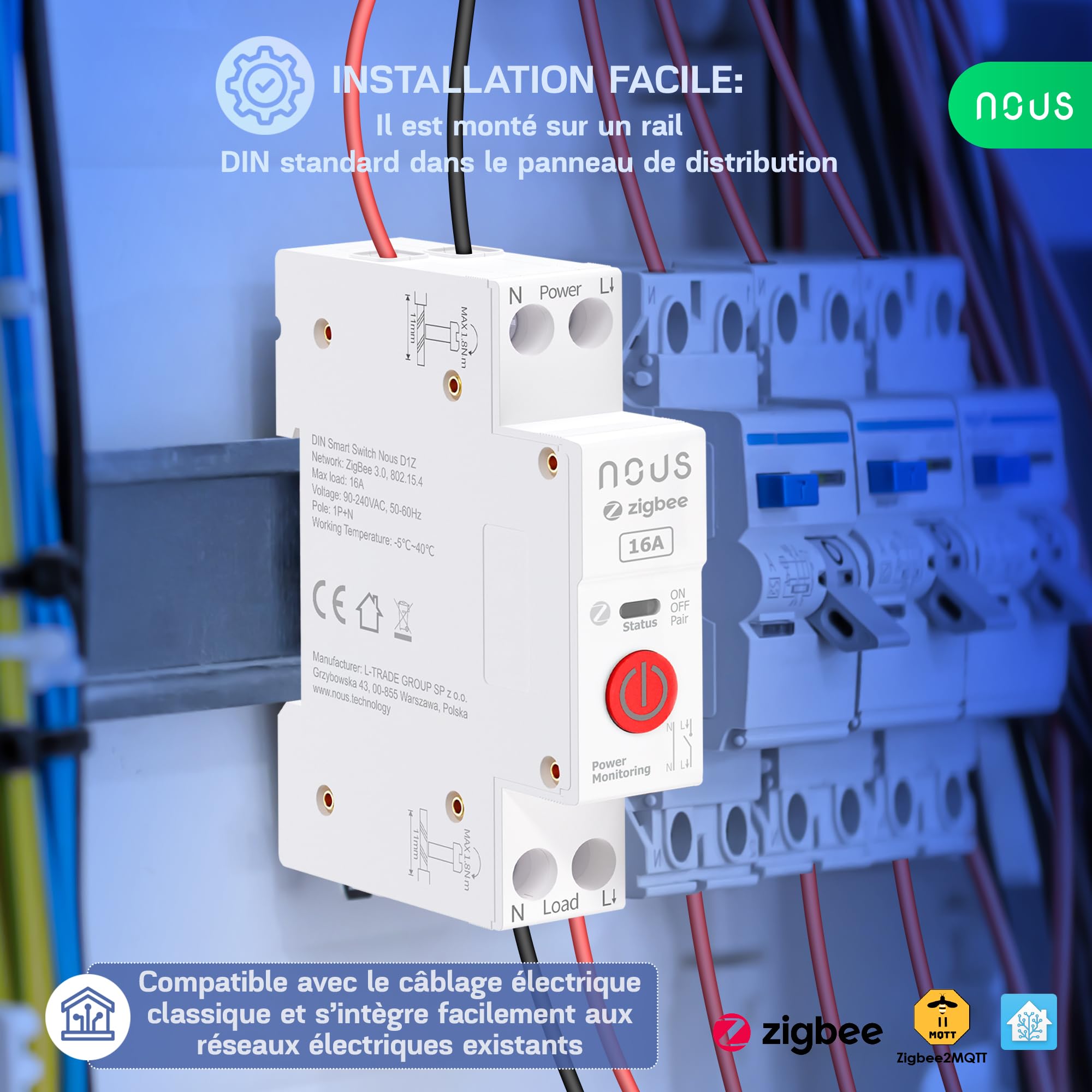 Nous Interrupteur Zigbee DIN, 16A Interrupteur Intelligent Avec Surveillance Énergétique, Compatible Avec Zigbee2MQTT, Home Assistant, Alexa et Google Home, Contrôle des applications, Contrôle vocal