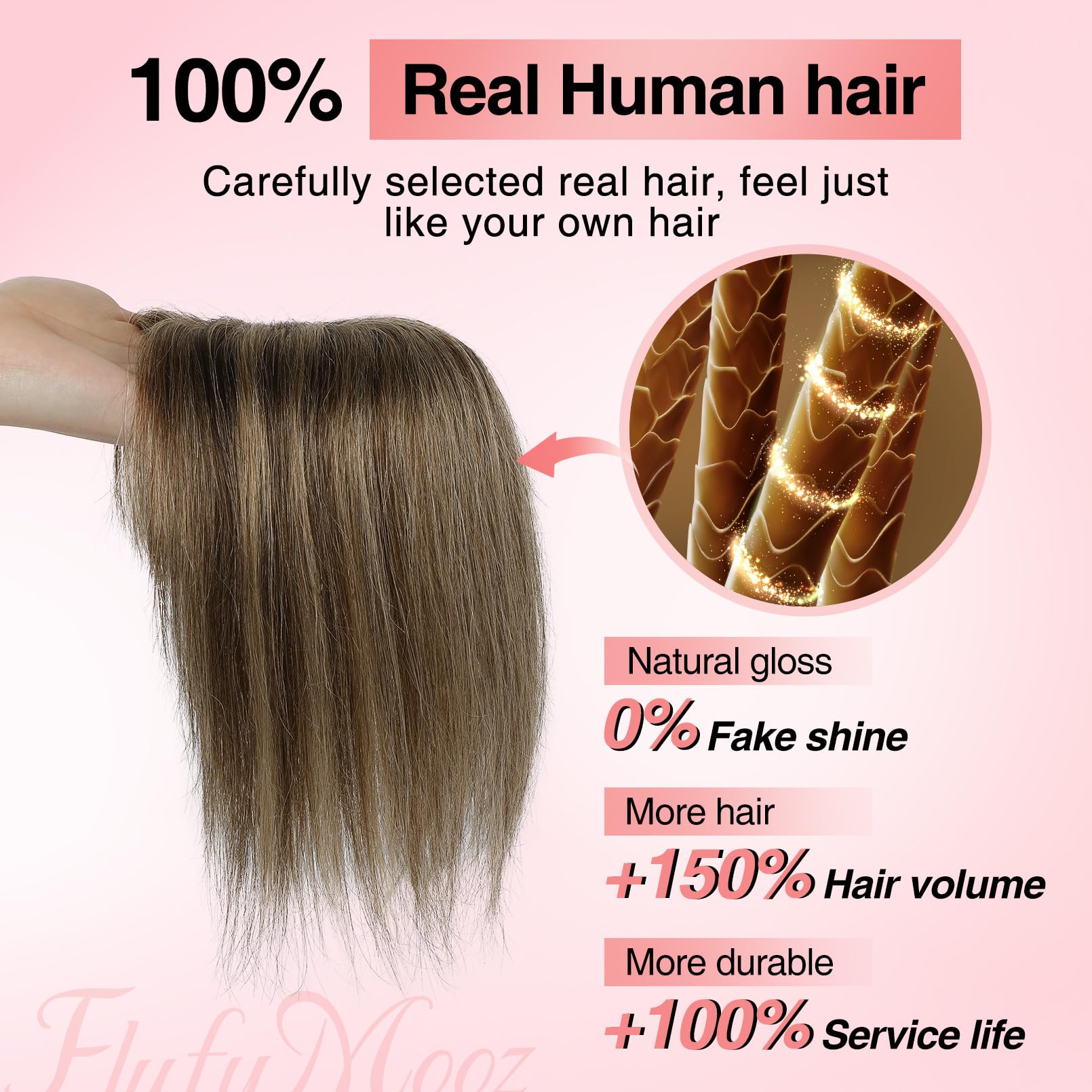 Flufymooz Real Human Hair Toppers for women 10 Inch Clip in Bangs 100% Human Hair Toppers for Thinning Hair Cover Hair Topper Hair Pieces with 150% Density Silk Base-Chocolate Brown with Blonde - Image 2