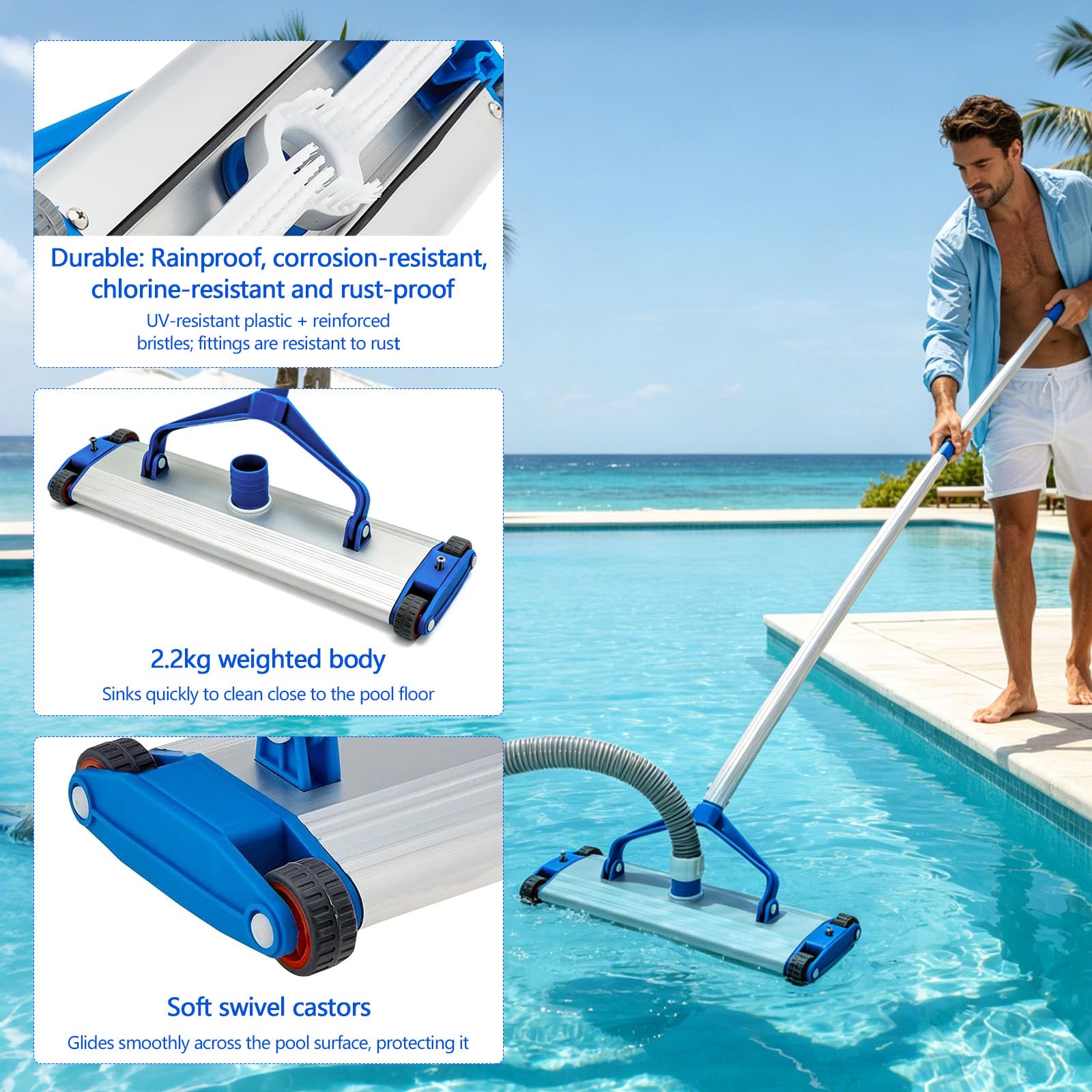 Tête d'aspiration de piscine en aluminium - 43,5 x 25 x 10 cm - 4 roues - Raccord d'aspiration 2,3 kg - Tuyau de 38 mm - Tête de nettoyage robuste - Nettoyage manuel - Piscine hors-sol - Efficace et