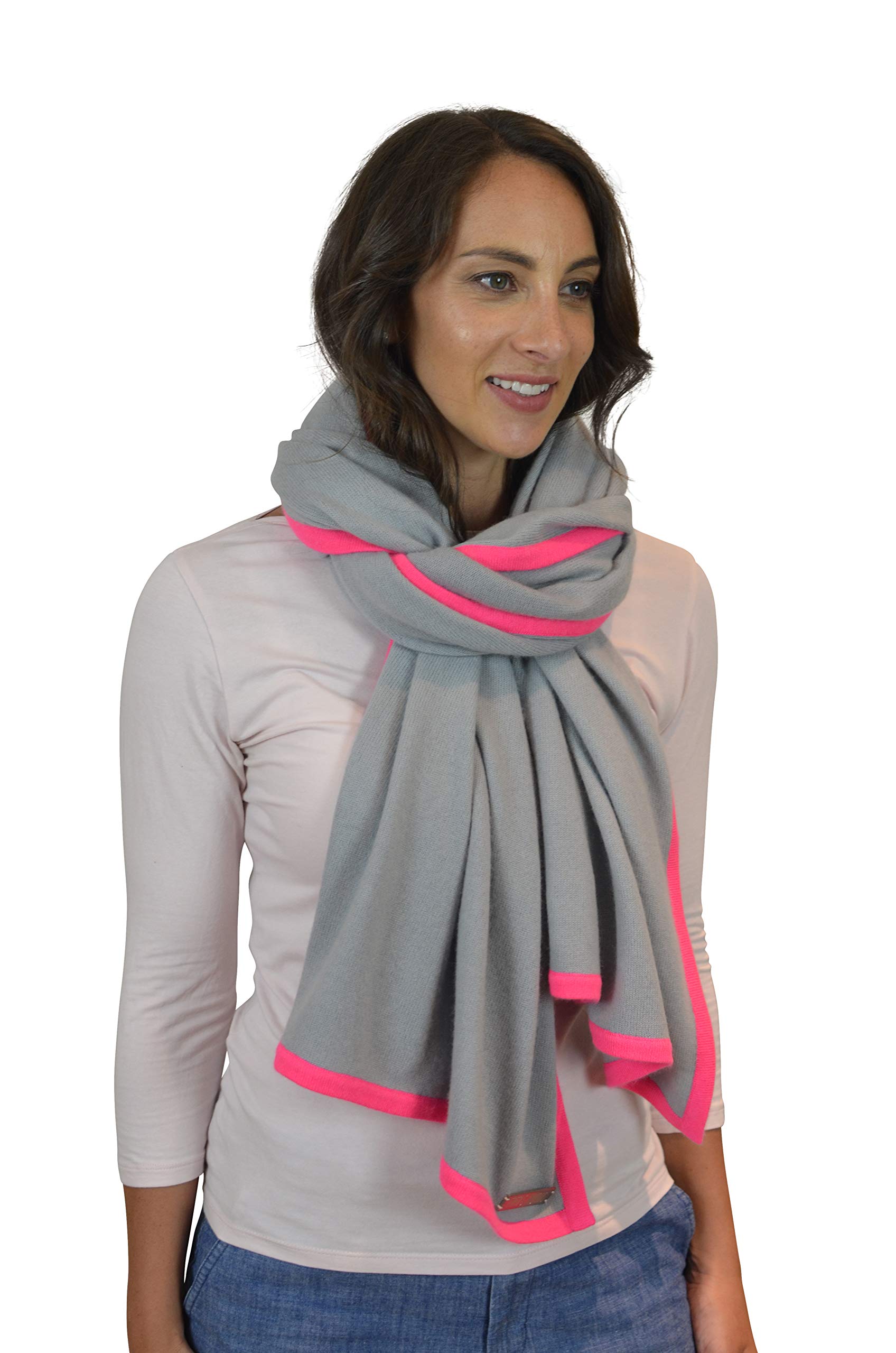 Mimi & Thomas Grey Neon PInk100% Pure Cashmere Oversized Scarf Travel Wrap Shawl Stole