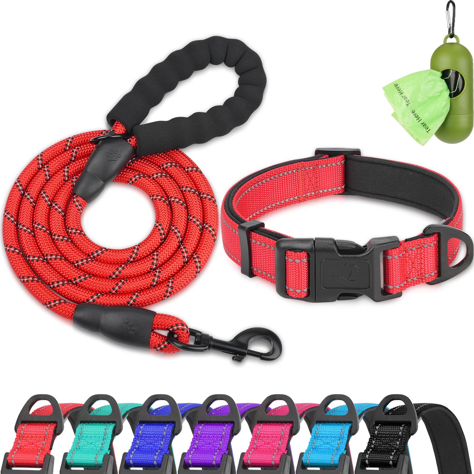 Dynmeow Reflective Dog Collar and Leash Set, 6FT Strong Climbing Rope Leash with Padded Handle, Adjustable Pet Collar with Soft Neoprene Padding for