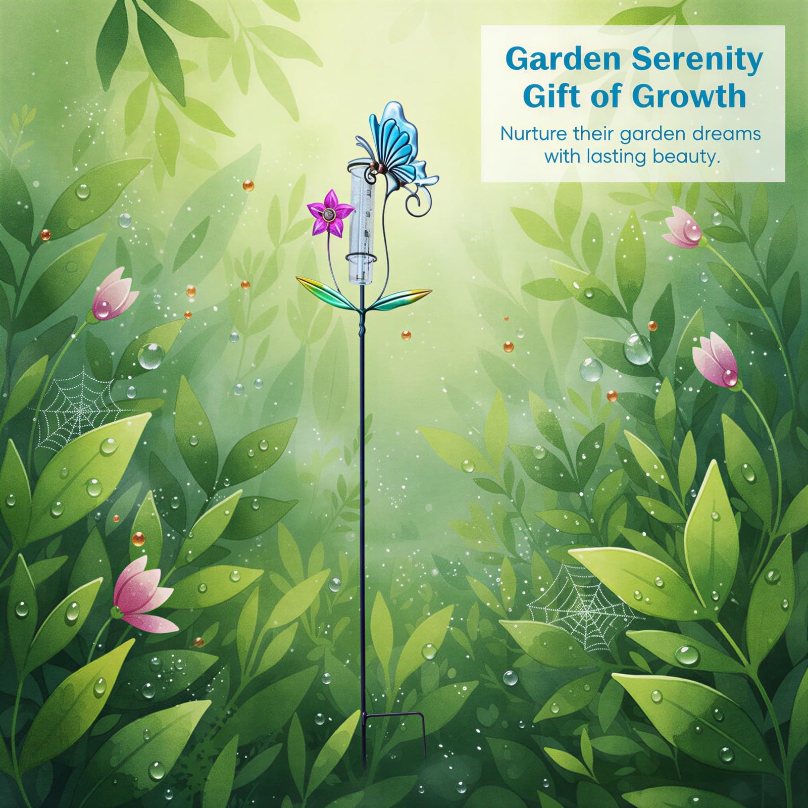 Regenmesser Deko, Schmetterling Regenmesser für draußen mit blauem Metallstab, Eisenkunst-Gartenstecker zur Messung von Niederschlag im Hof, Rasen, auf der Terrasse und als Landschaftsdeko