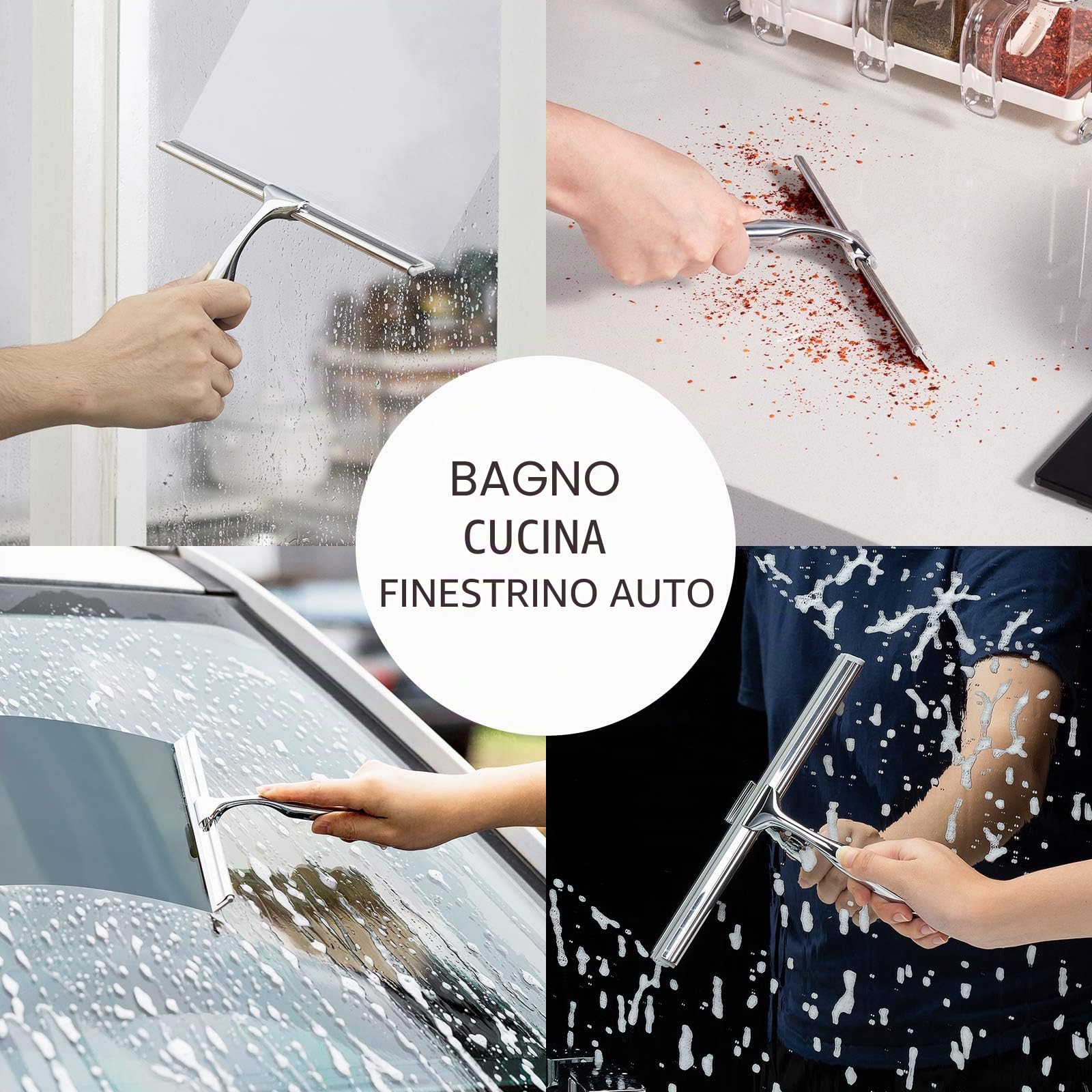 Tergivetro per Doccia, Tergivetro per Finestre, Pulisci Vetro Doccia in Acciaio Inossidabile con Forte Gancio di Aspirazione per Bagno, Cucina, Specchio, Pulizia di Finestre e Vetri, 10 Cromo