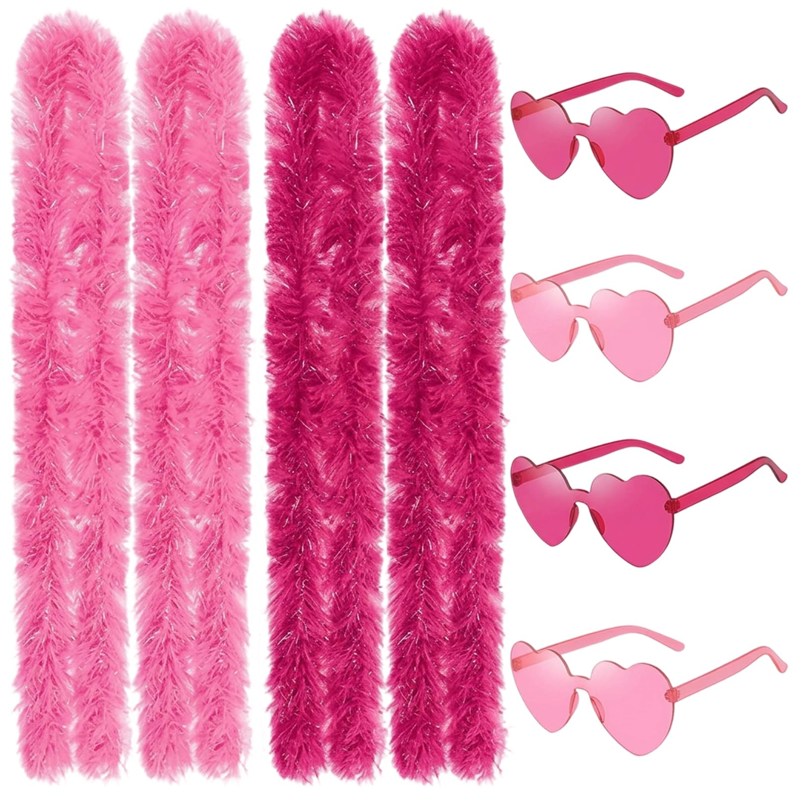Feather Boa Party Accessory Set, 8-Piece with 1.8M Feather Boas and Heart Sunglasses, Party Events & Costume Matching, Pink Rose Colour Combination, Stylish Festive Photo Prop Decorations