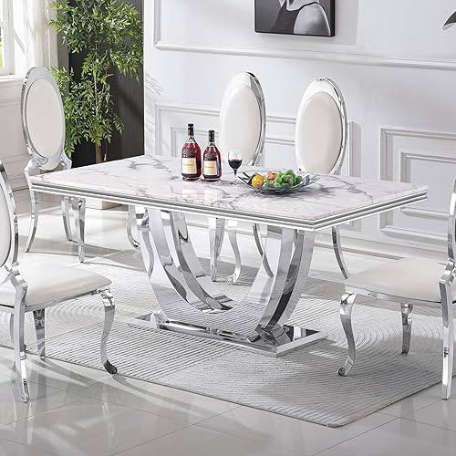 Miniatura 30 de Mesa de comedor de lujo de 69.3 pulgadas para 4 y 6, mesas de comedor de cocina de mármol blanco con parte superior de mármol sintético de 0.98