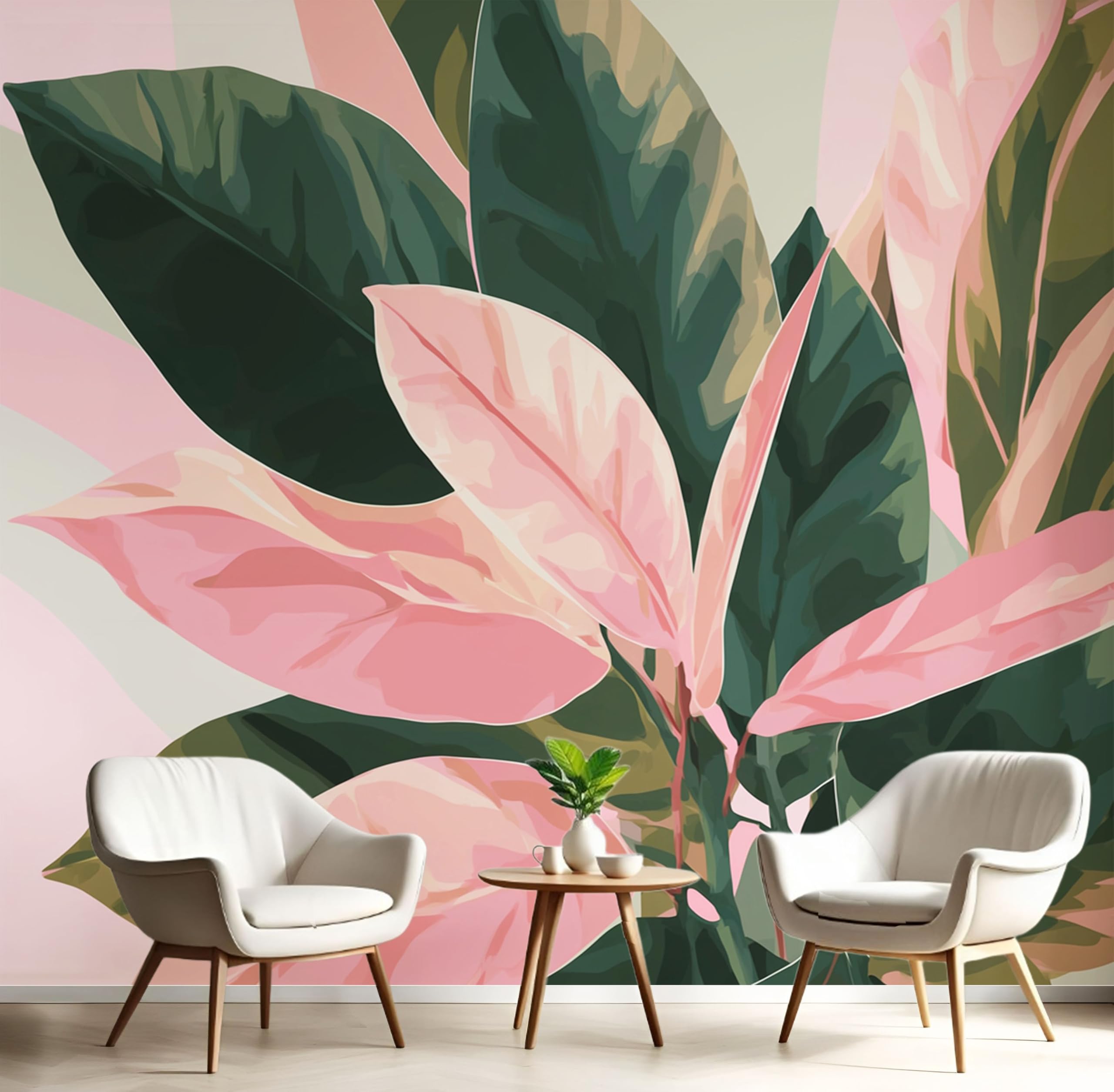 Papier Peint Motif Feuilles De Bananier Aquarelle Tapisserie Panoramique Grand 3D Plantes Exotiques Poudre Blush Papier Peint Soie Pour Salon Chambre Chambre D'Enfant Décoration Murale, 300X210Cm