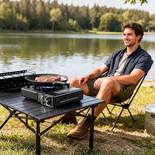 Miniatura 7 de Estufa de campamento de combustible dual de 7800 BTU, estufa portátil de butano o propano para campamento, estufa de campamento portátil ligera,