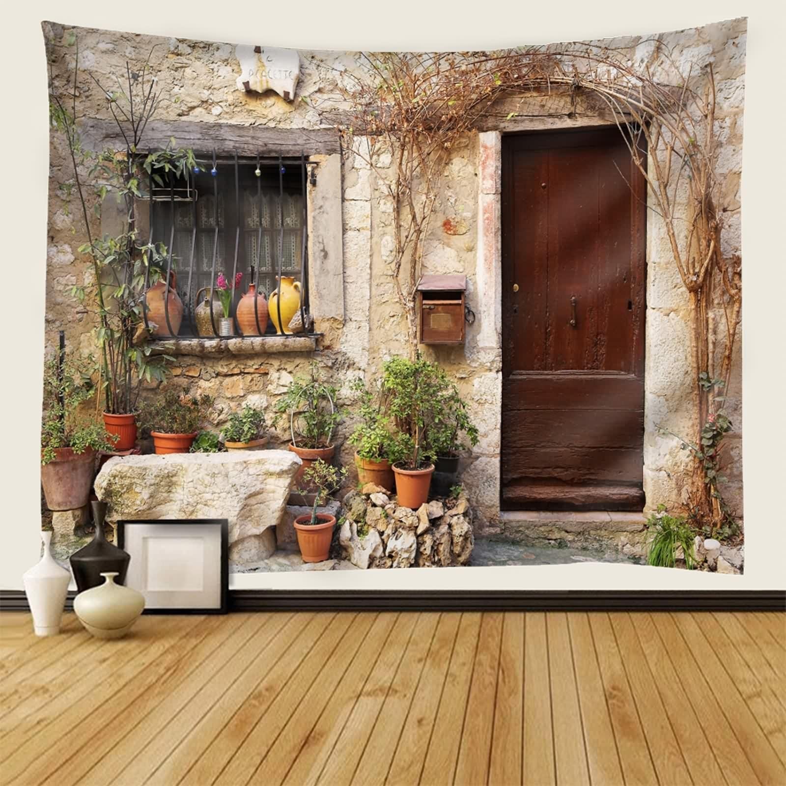 Tapiz decorativo de pared, rectangular, multicolor, puerta de madera de calles, poliéster, 240 x 220 cm