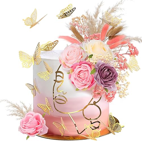 21 piezas de decoración bohemia para tartas, acrílico, minimalista, arte minimalista de dama, dorada, decoración vintage para tartas de rosas